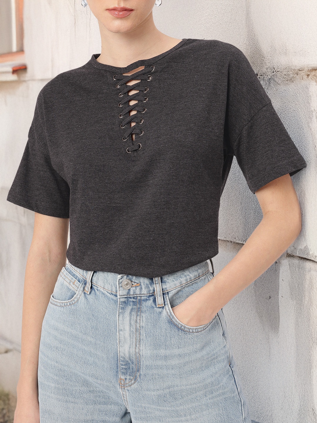 

The Roadster Life Co. Edgy Style Lace Up Detail Drop Shoulder Top, Grey