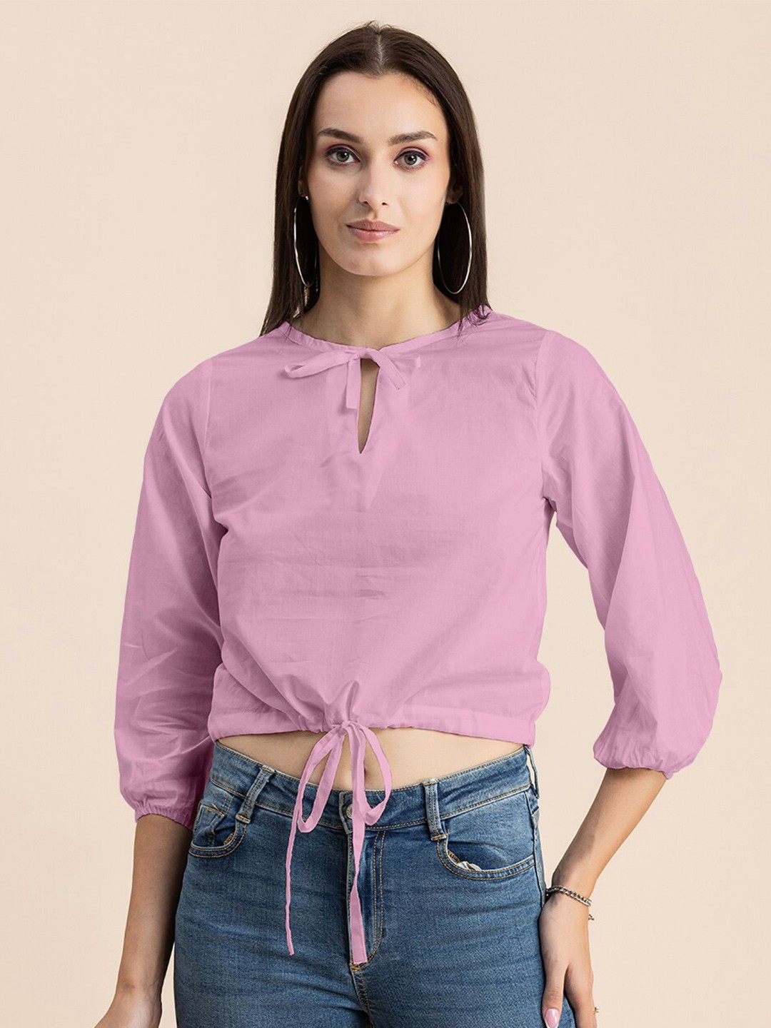 

Moomaya Tie-Up Neck Cotton Crop Top, Pink
