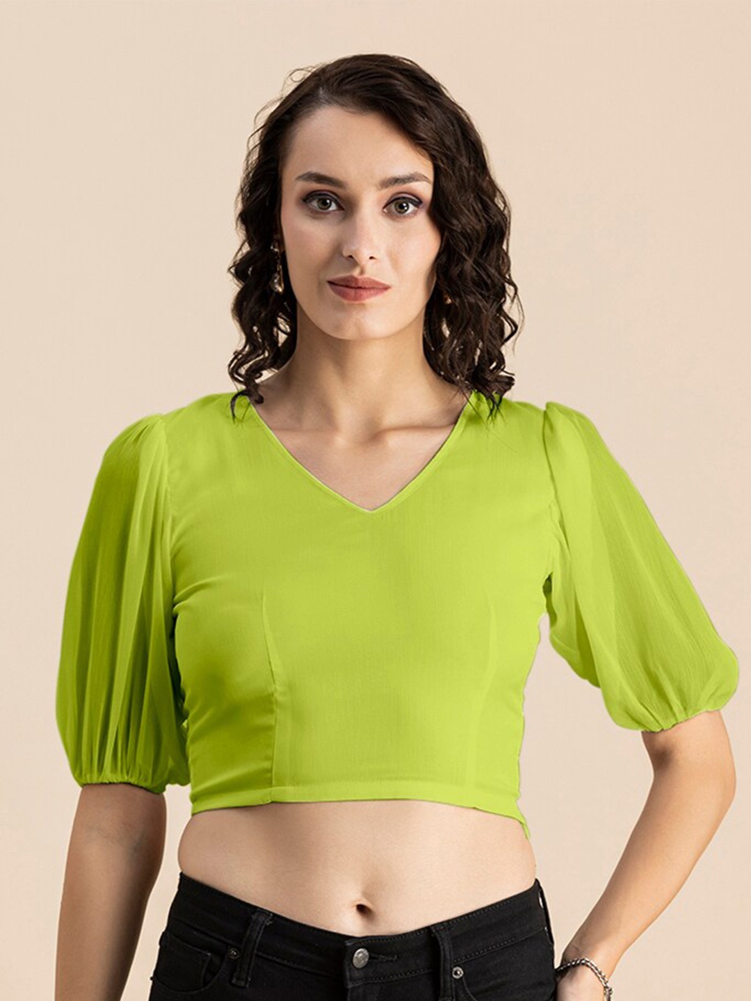 

Moomaya V-Neck Puff Sleeves Crop Top, Lime green