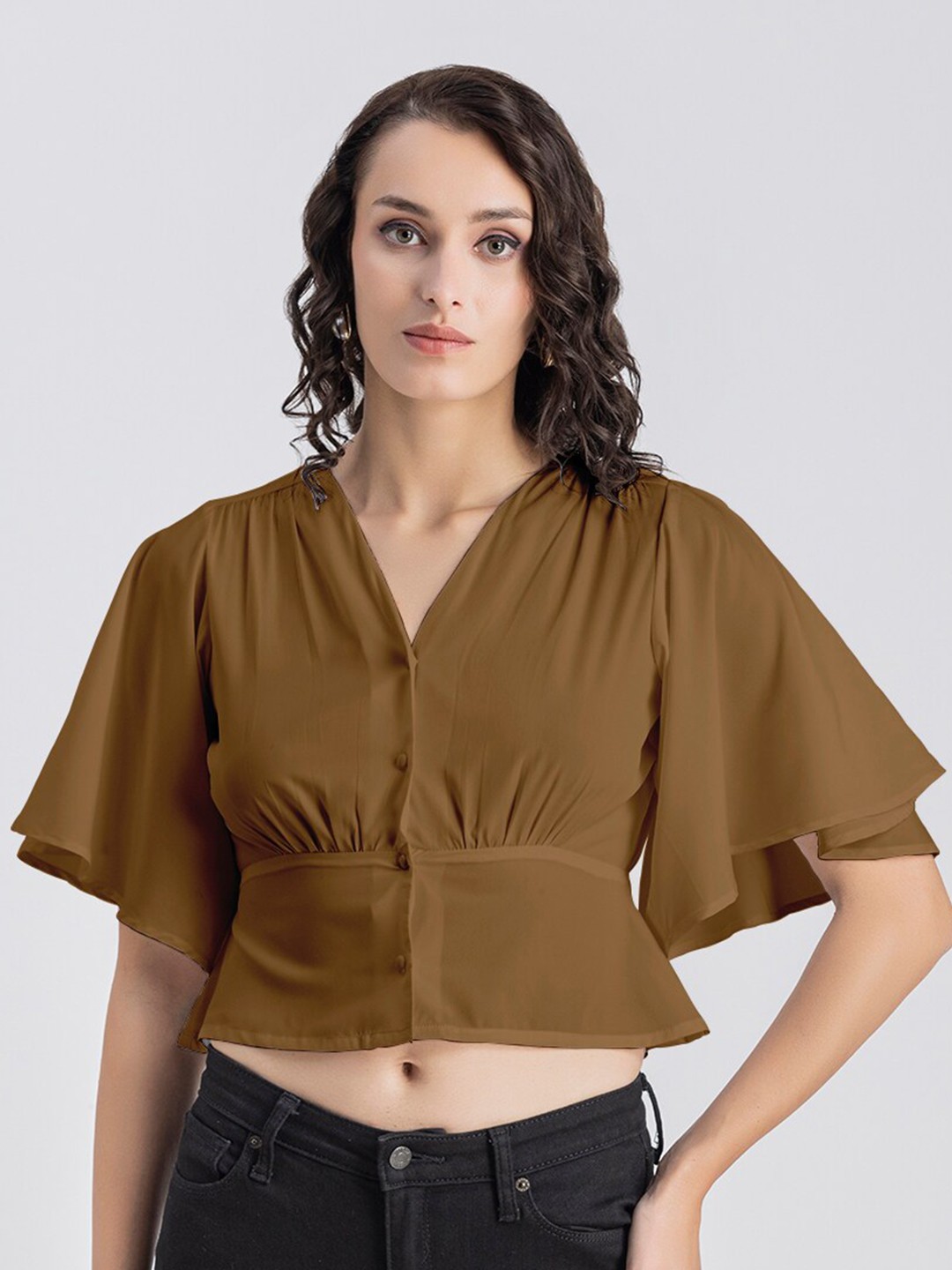 

Moomaya Flared Sleeve Crepe Cinched Waist Crop Top, Brown