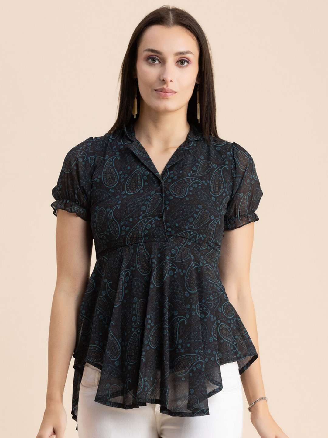 

Moomaya Ethnic Motifs Printed Puff Sleeves Peplum Top, Black