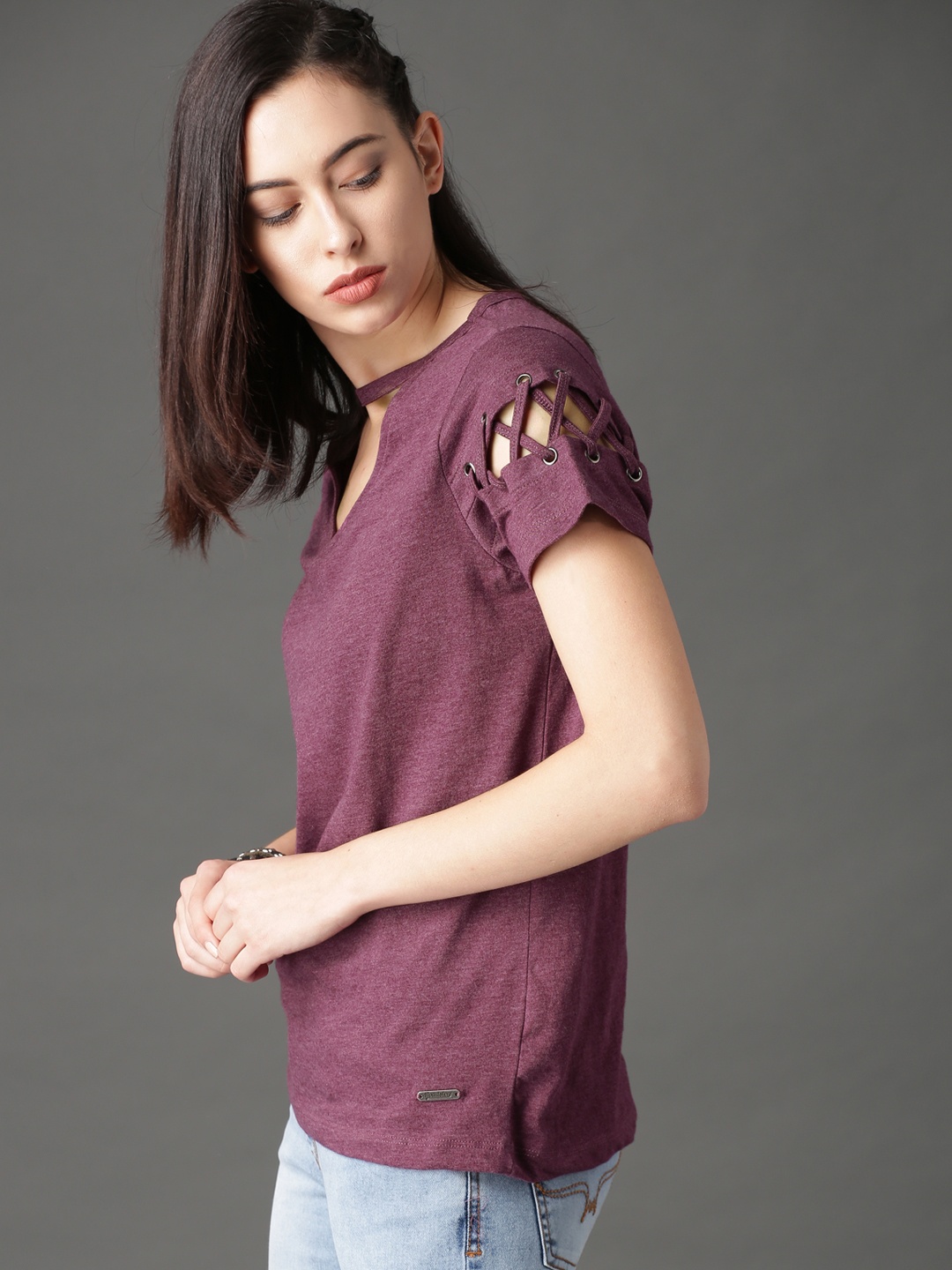 

Roadster Women Burgundy Solid Lace-Up Sleeve Choker Neck Top