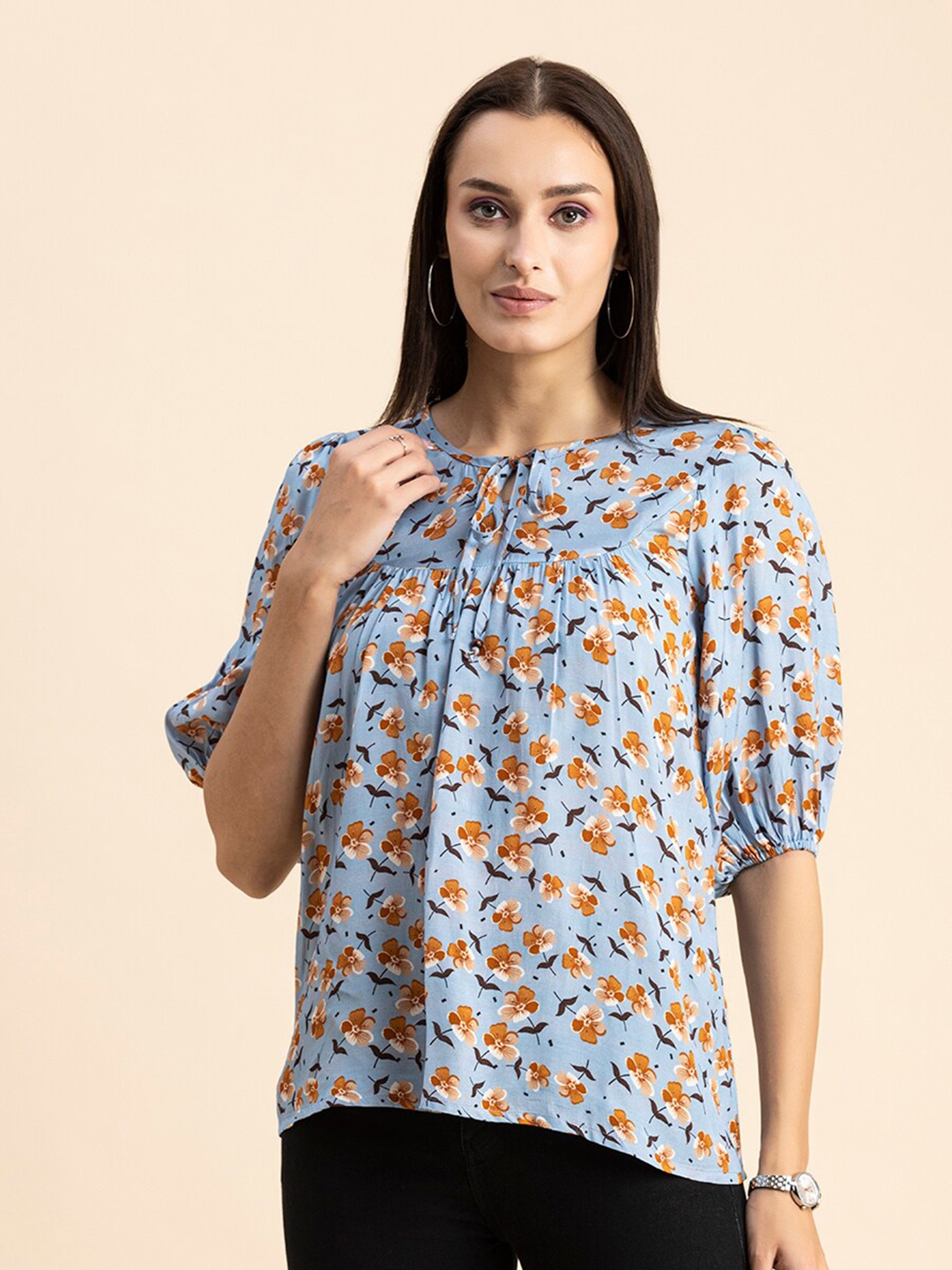 

Moomaya Floral Printed Tie-Up Neck Puff Sleeves Top, Blue