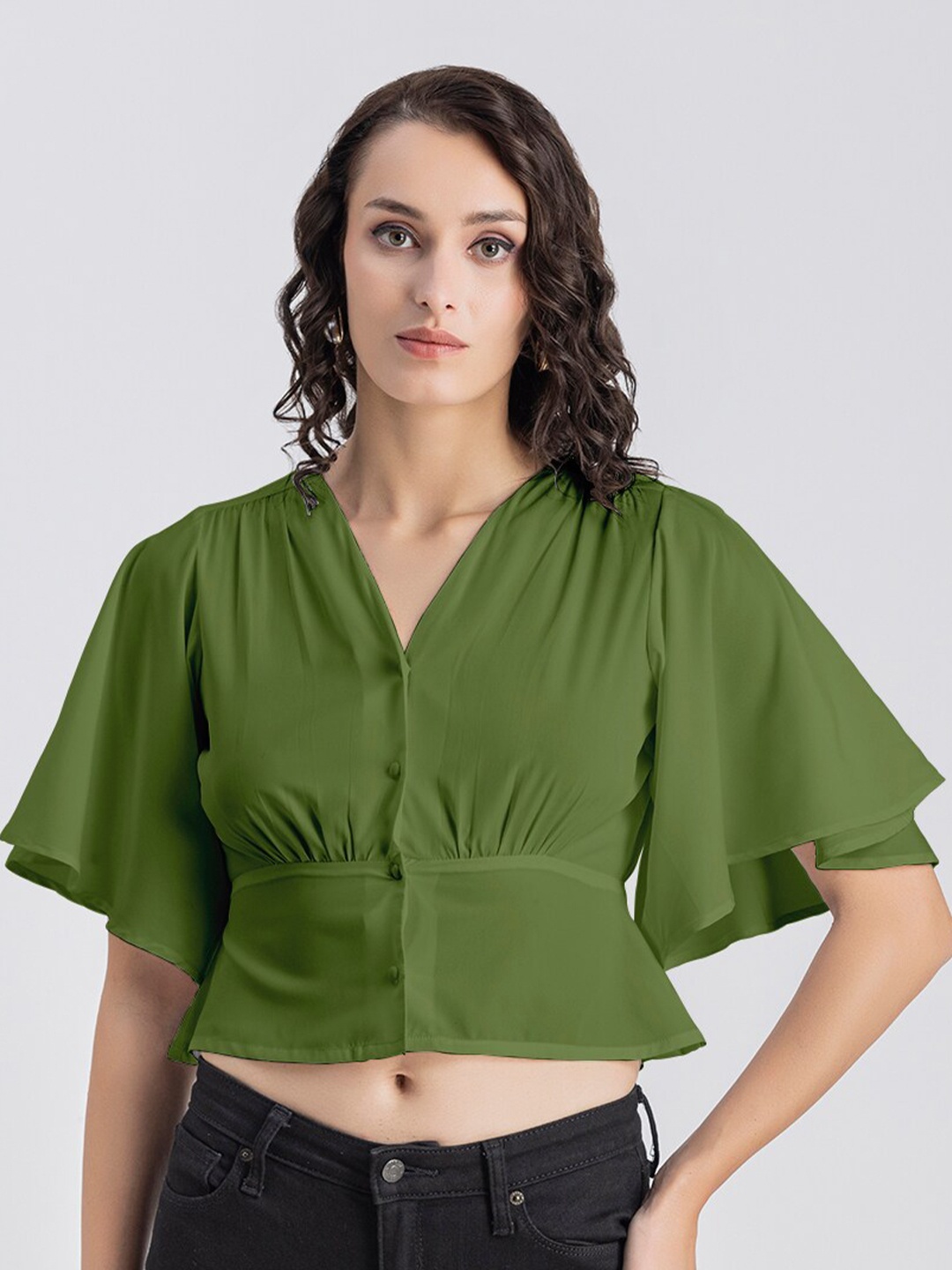

Moomaya Flared Sleeve Cinched Waist Crop Top, Olive