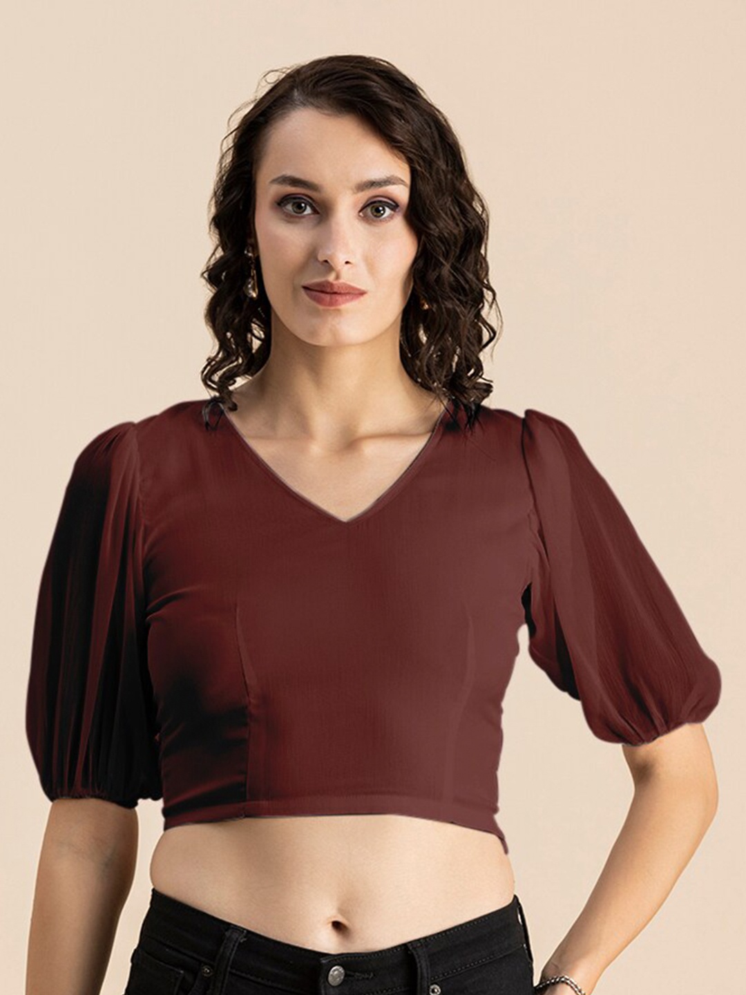 

Moomaya V-Neck Puff Sleeve Chiffon Crop Top, Maroon