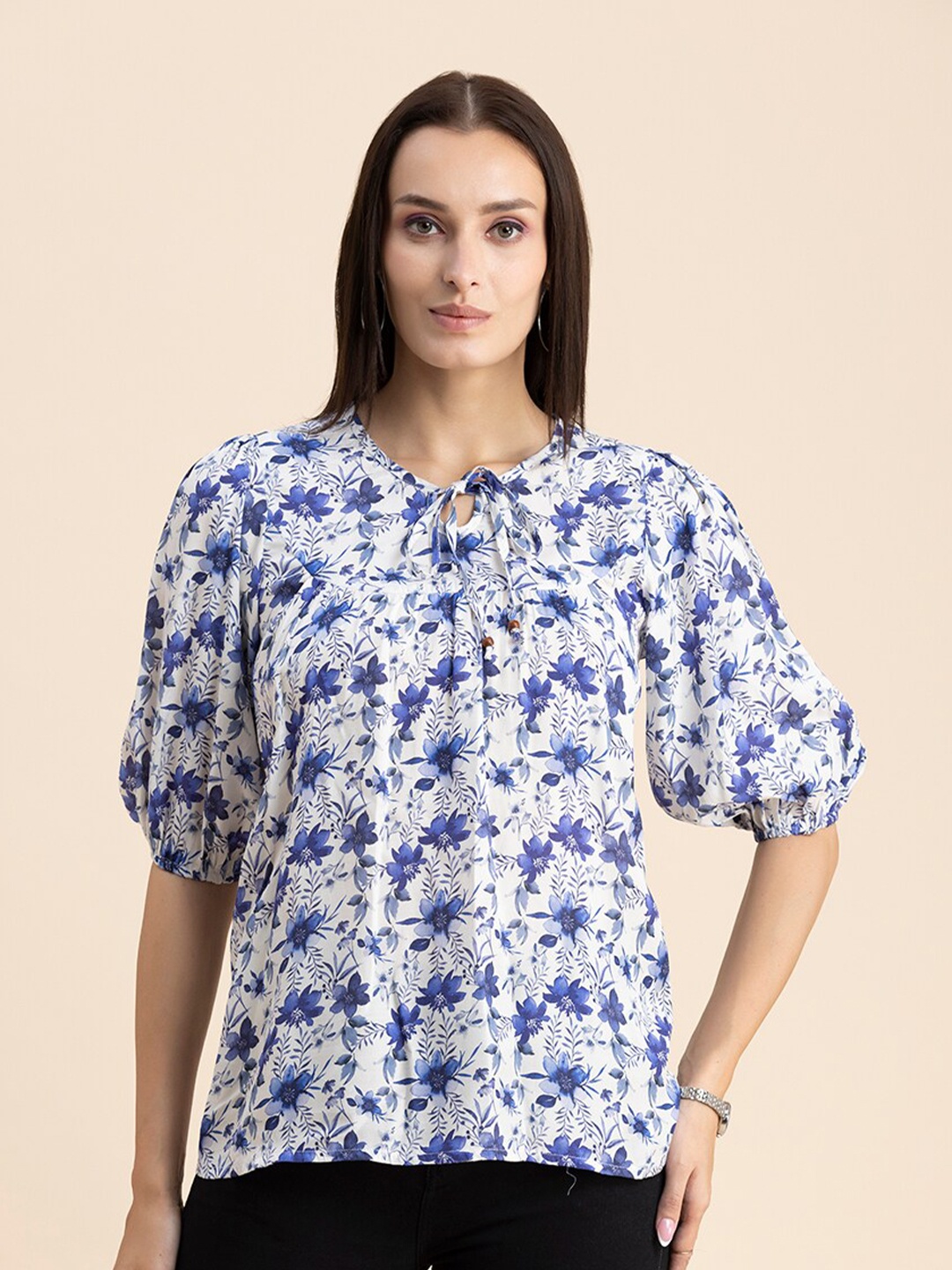 

Moomaya Floral Print Tie Up Neck Blouson Top, Blue