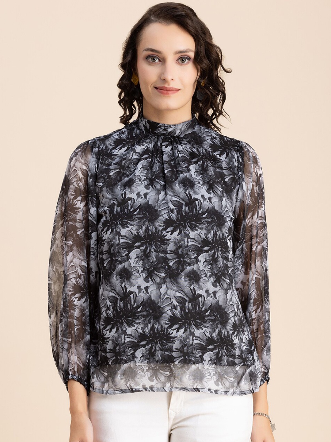 

Moomaya Floral Printed High-Neck Puff Sleeves Top, Grey