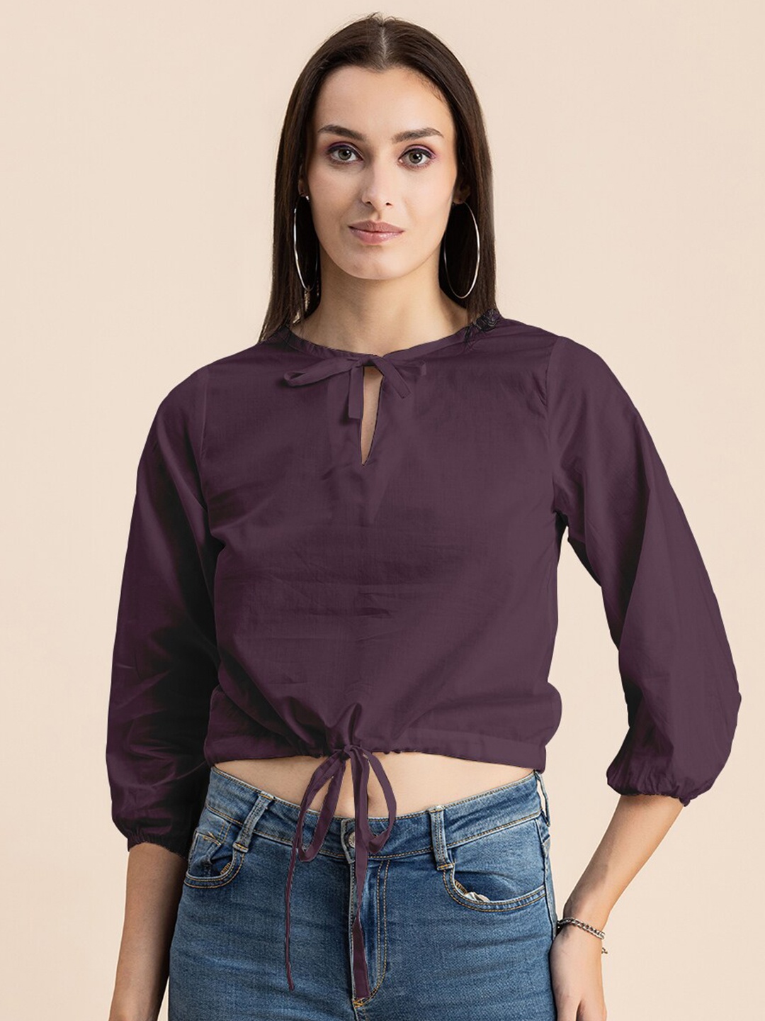 

Moomaya Tie-Up Neck Cotton Crop Top, Purple
