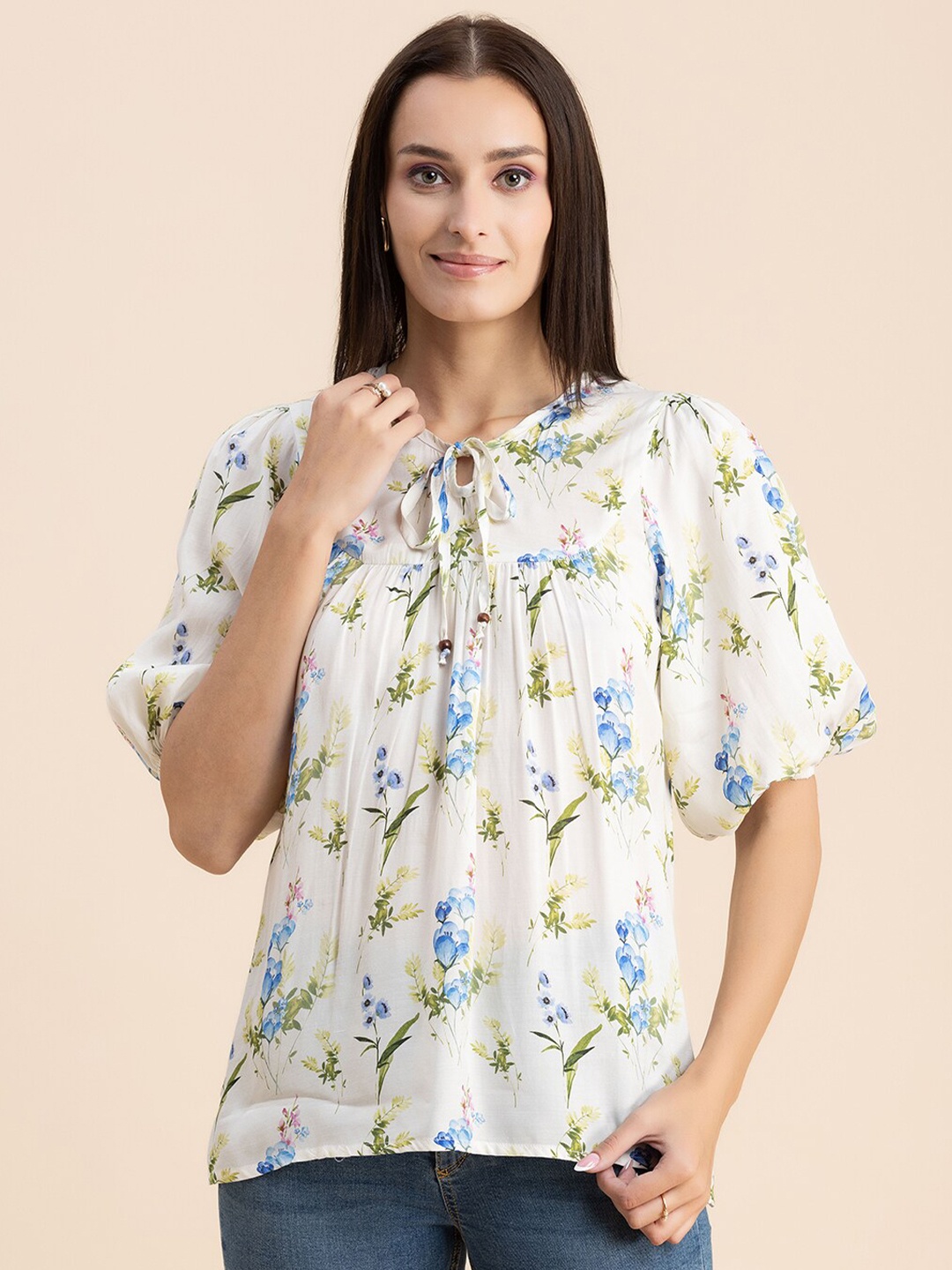 

Moomaya Floral Printed Tie-Up Neck Puff Sleeves Top, White