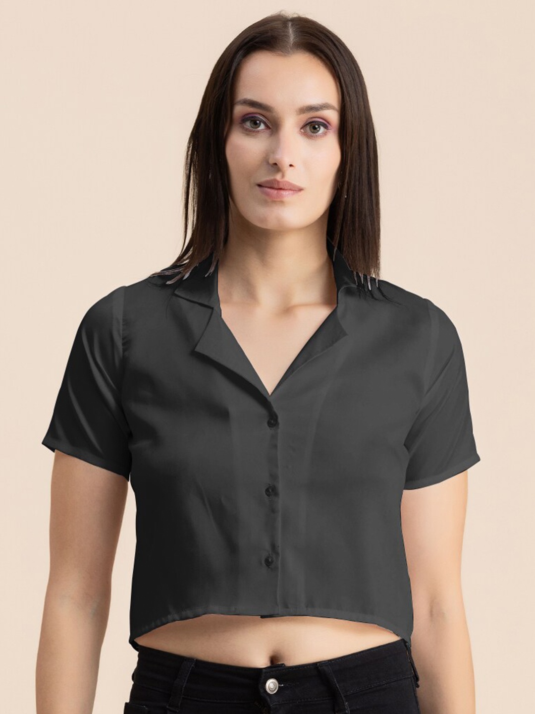 

Moomaya Notch Lapel Collar Crop Shirt, Grey