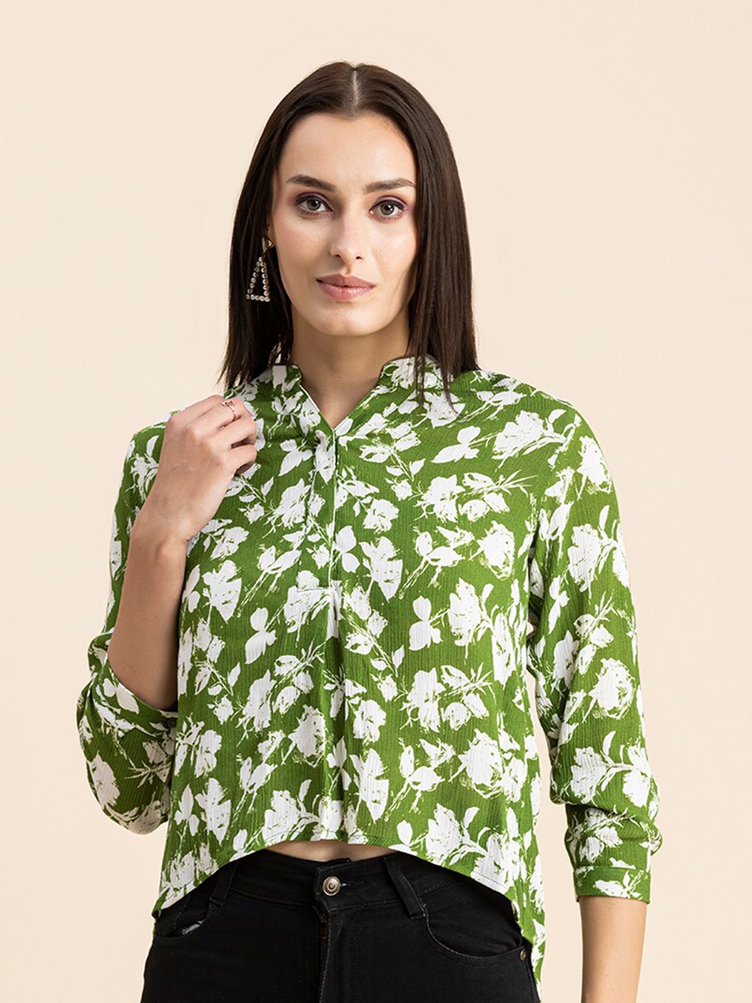 

Moomaya Floral Printed Shirt Style Top, Green
