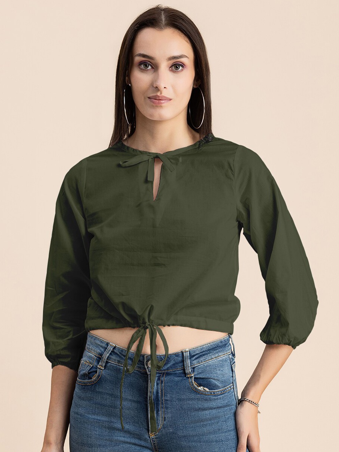 

Moomaya Tie-Up Neck Cuff Sleeve Cotton Crop Top, Olive