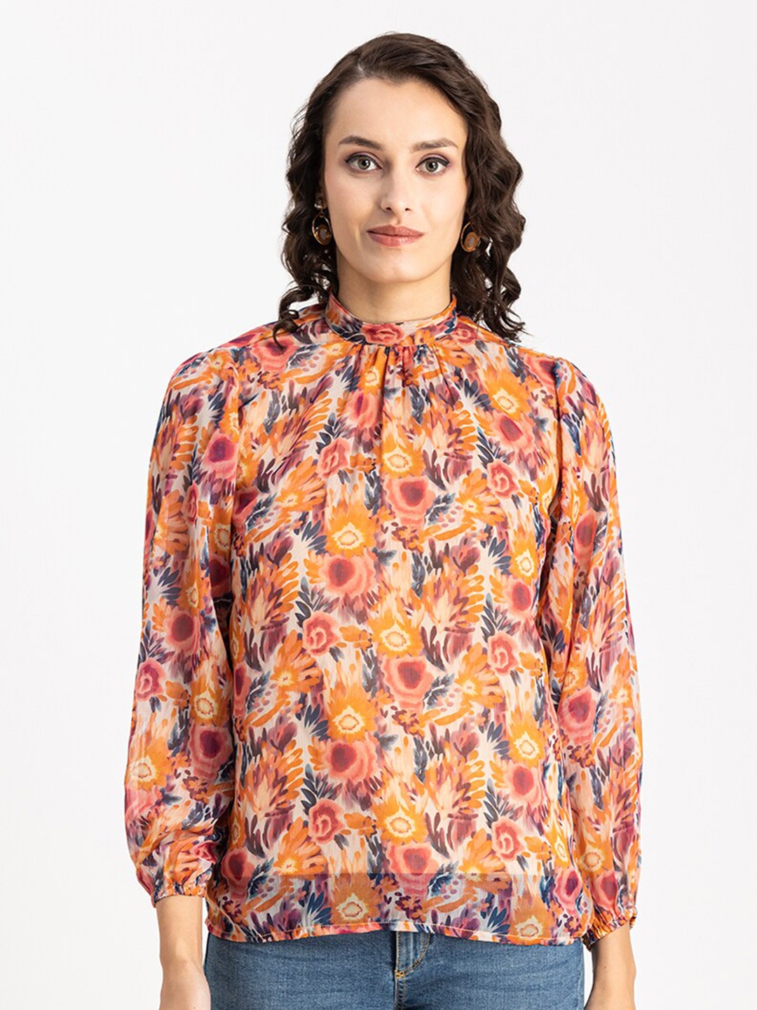 

Moomaya Floral Print Puff Sleeve High-Neck Top, Orange