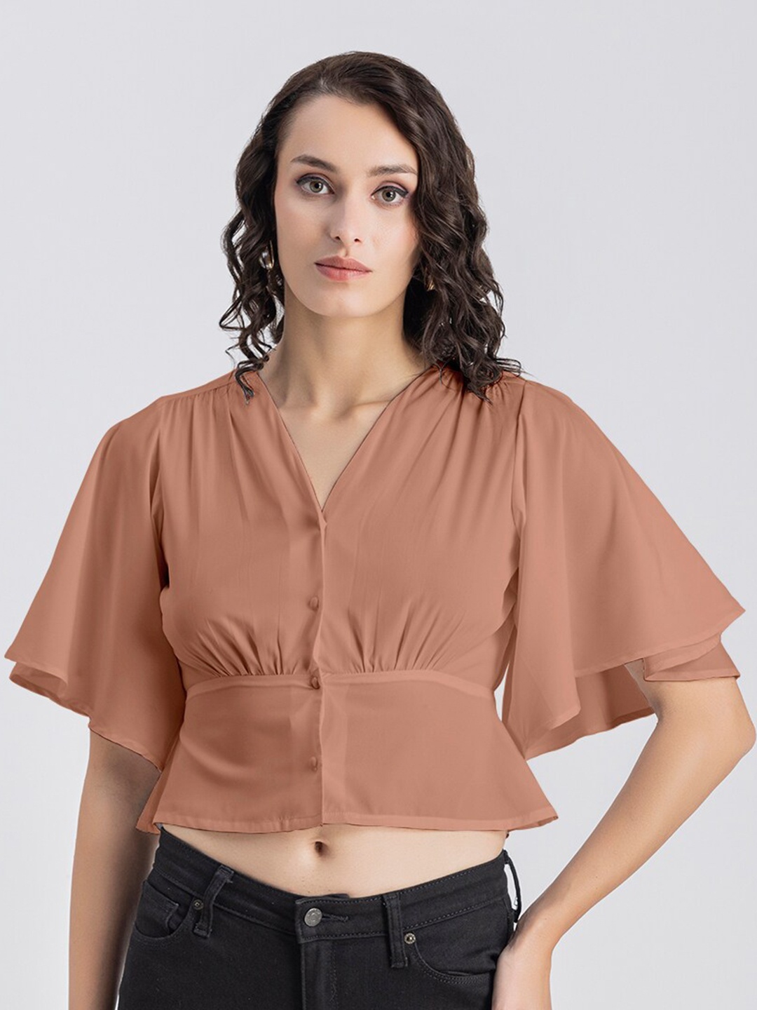 

Moomaya V-Neck Flared Sleeves Crepe Crop Top, Peach