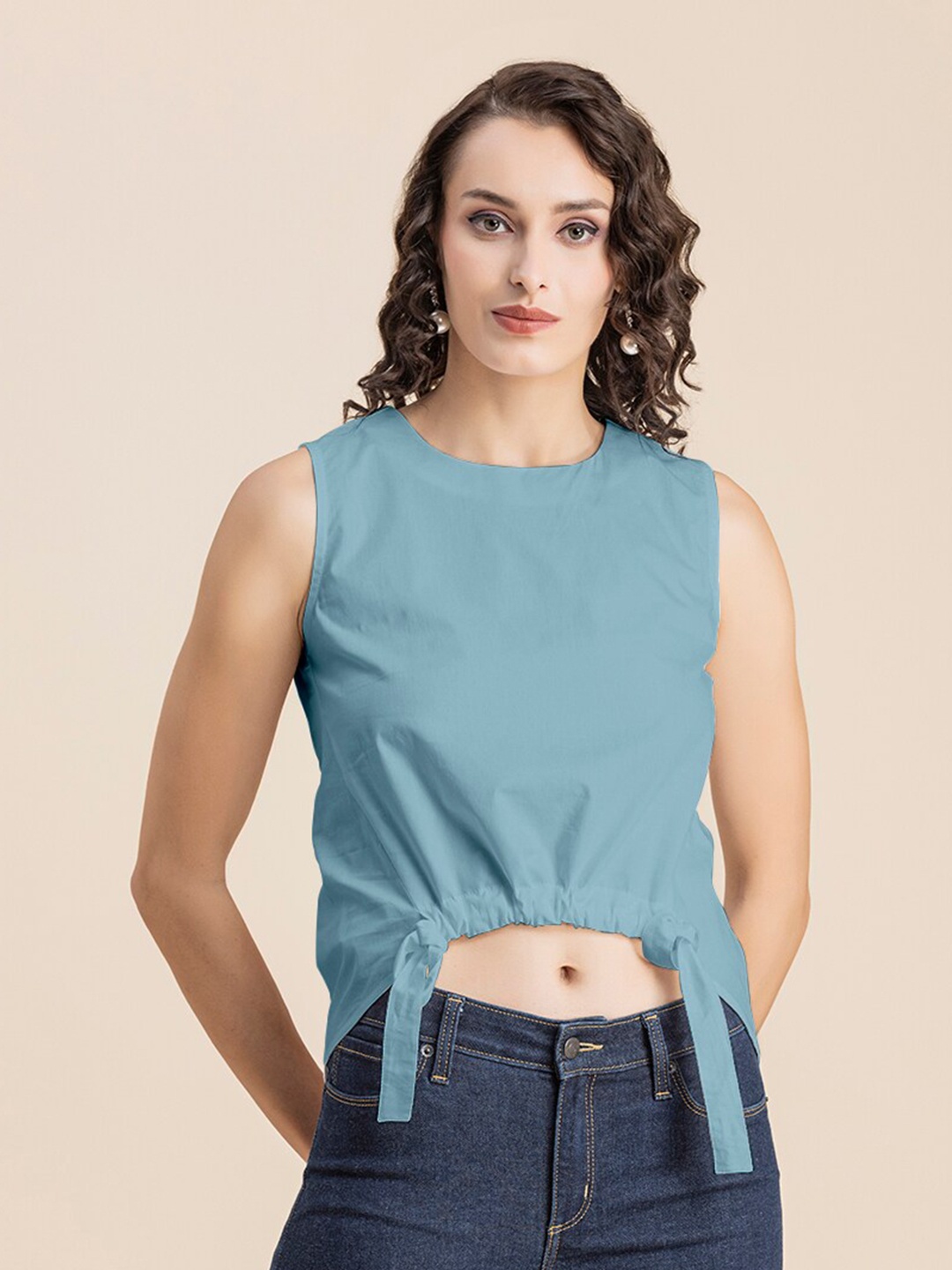 

Moomaya Sleeveless Cotton Crop Top, Blue