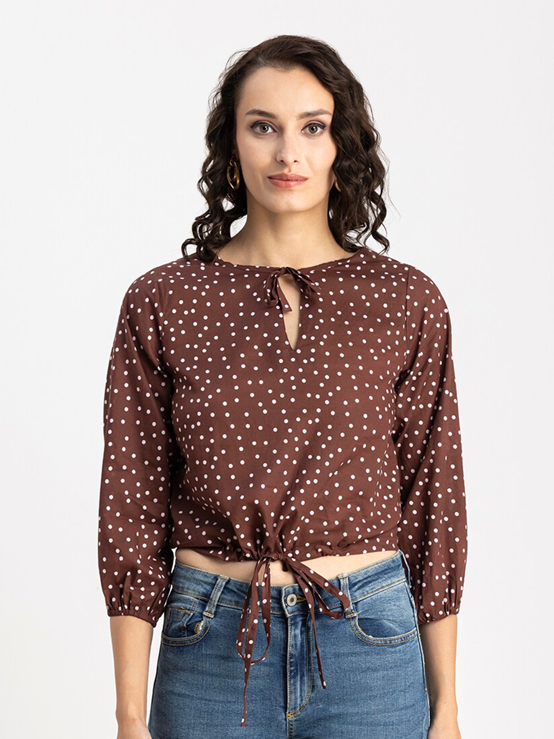 

Moomaya Brown Geometric Print Puff Sleeves Tie-up Waist Cotton Crop Top
