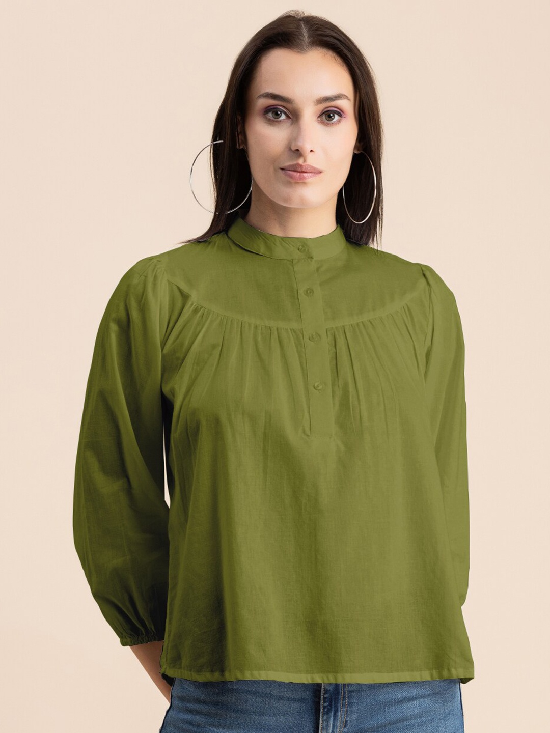 

Moomaya High Neck Cuffed Sleeves Cotton Top, Olive