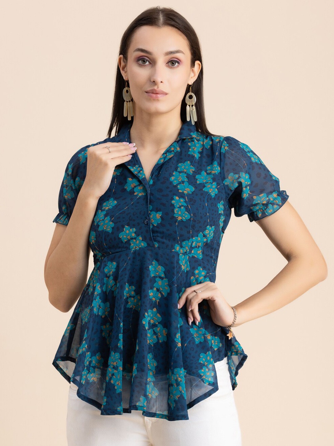 Moomaya Floral Printed Puff Sleeves Empire Top, Blue