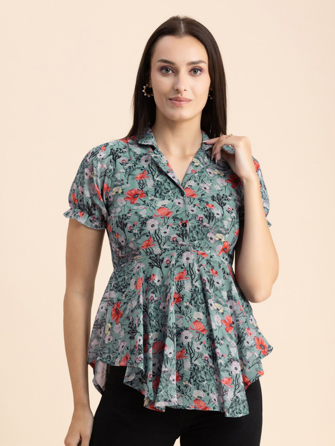 

Moomaya Floral Printed Peplum Top, Green