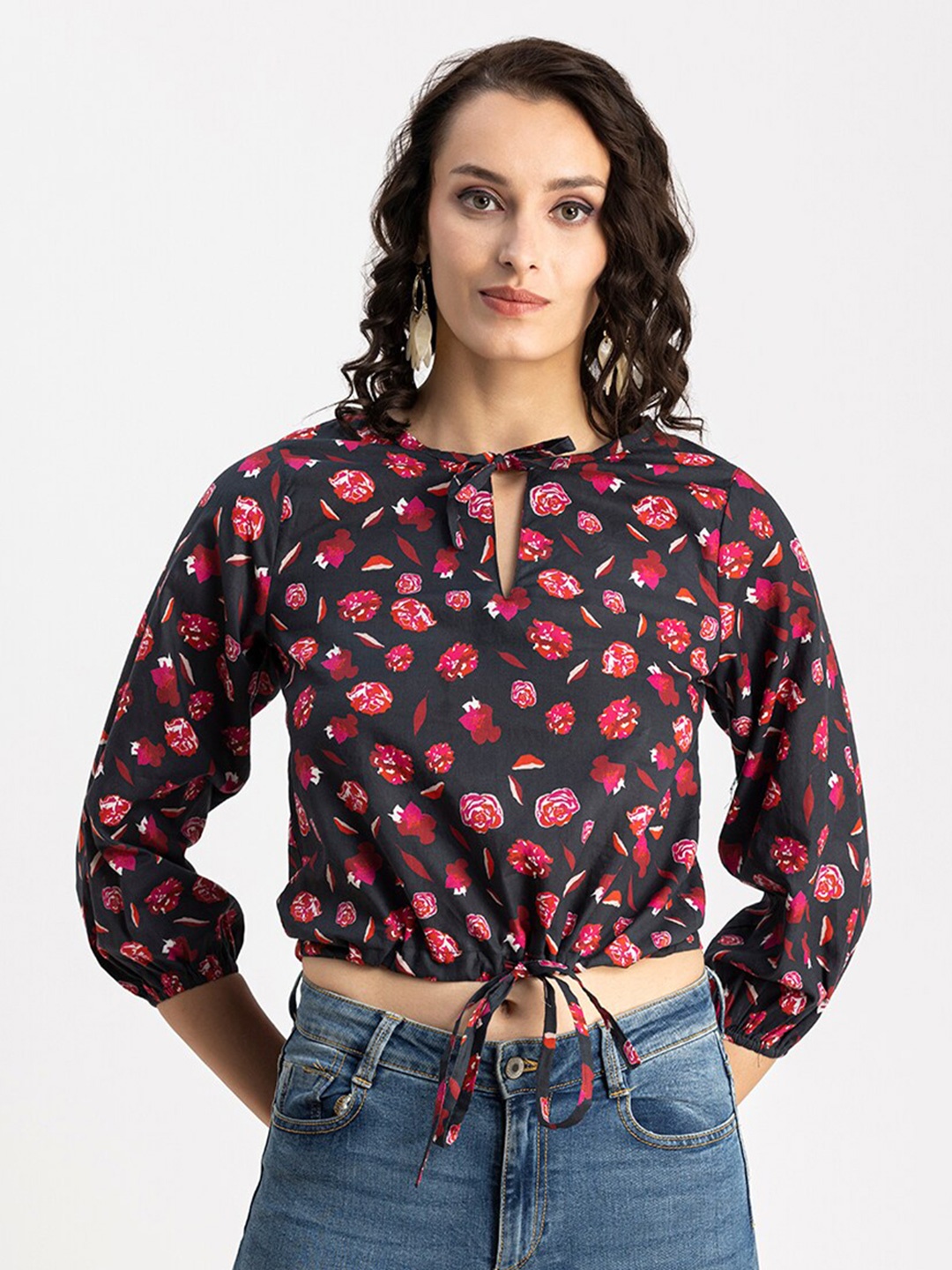 

Moomaya Floral Print Tie Up Neck Puff Sleeves Cotton Blouson Crop Top, Black