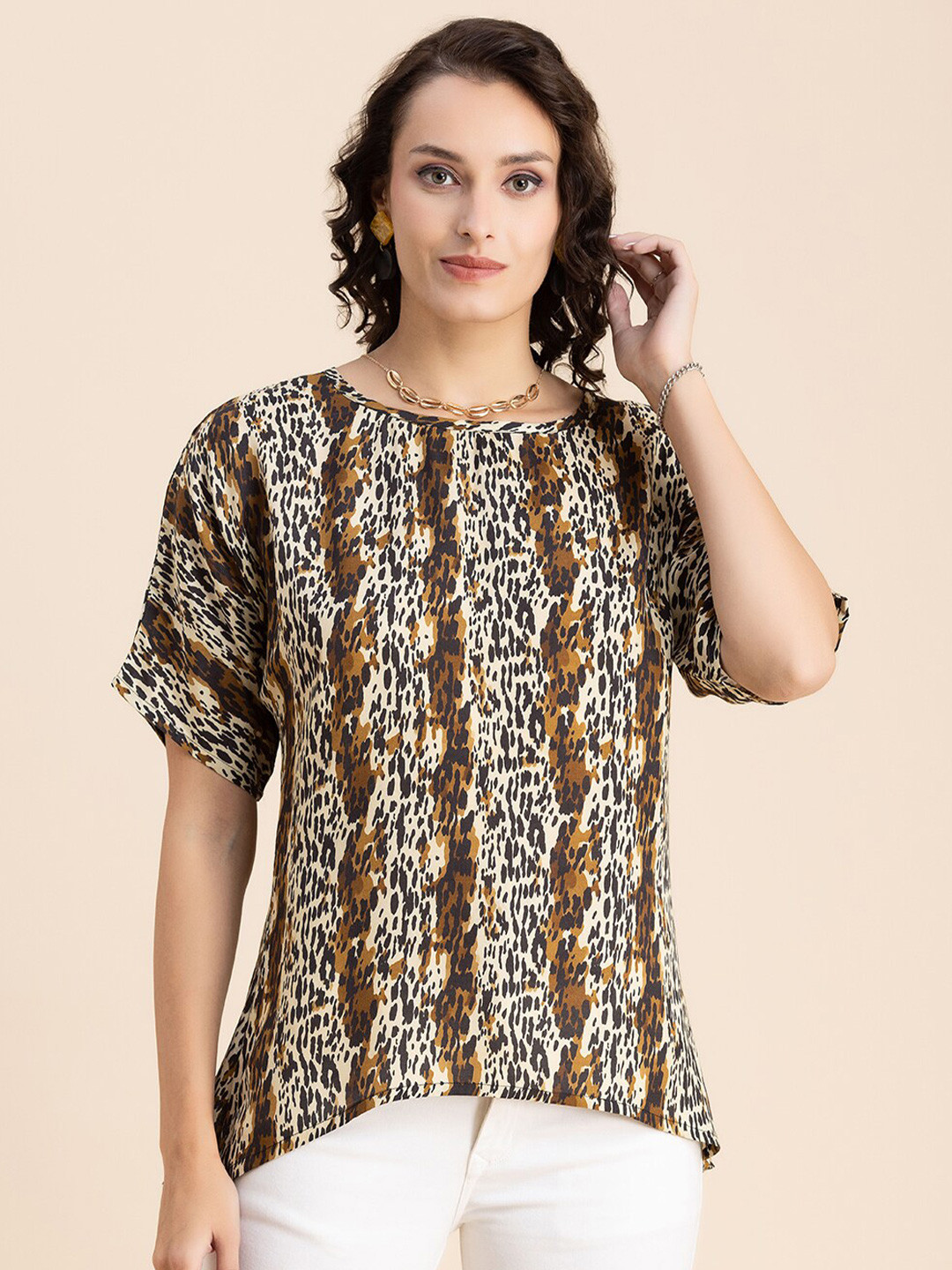 

Moomaya Animal Printed High-Low Top, Brown