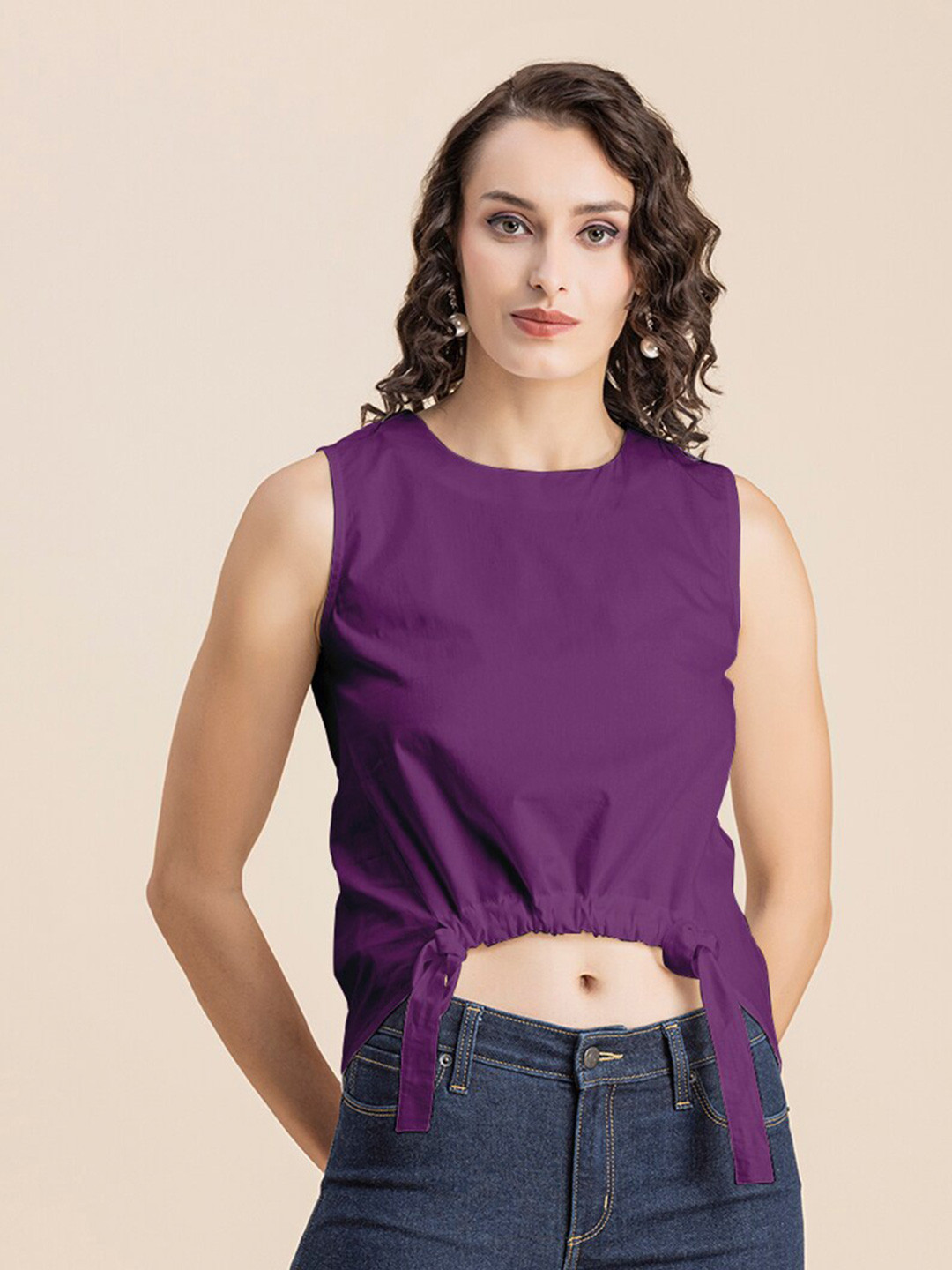 

Moomaya Sleeveless Cotton Cinched Waist Crop Top, Purple