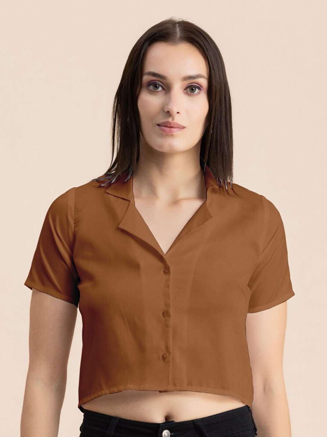 

Moomaya Cuban Collar Crop Casual Shirt, Brown