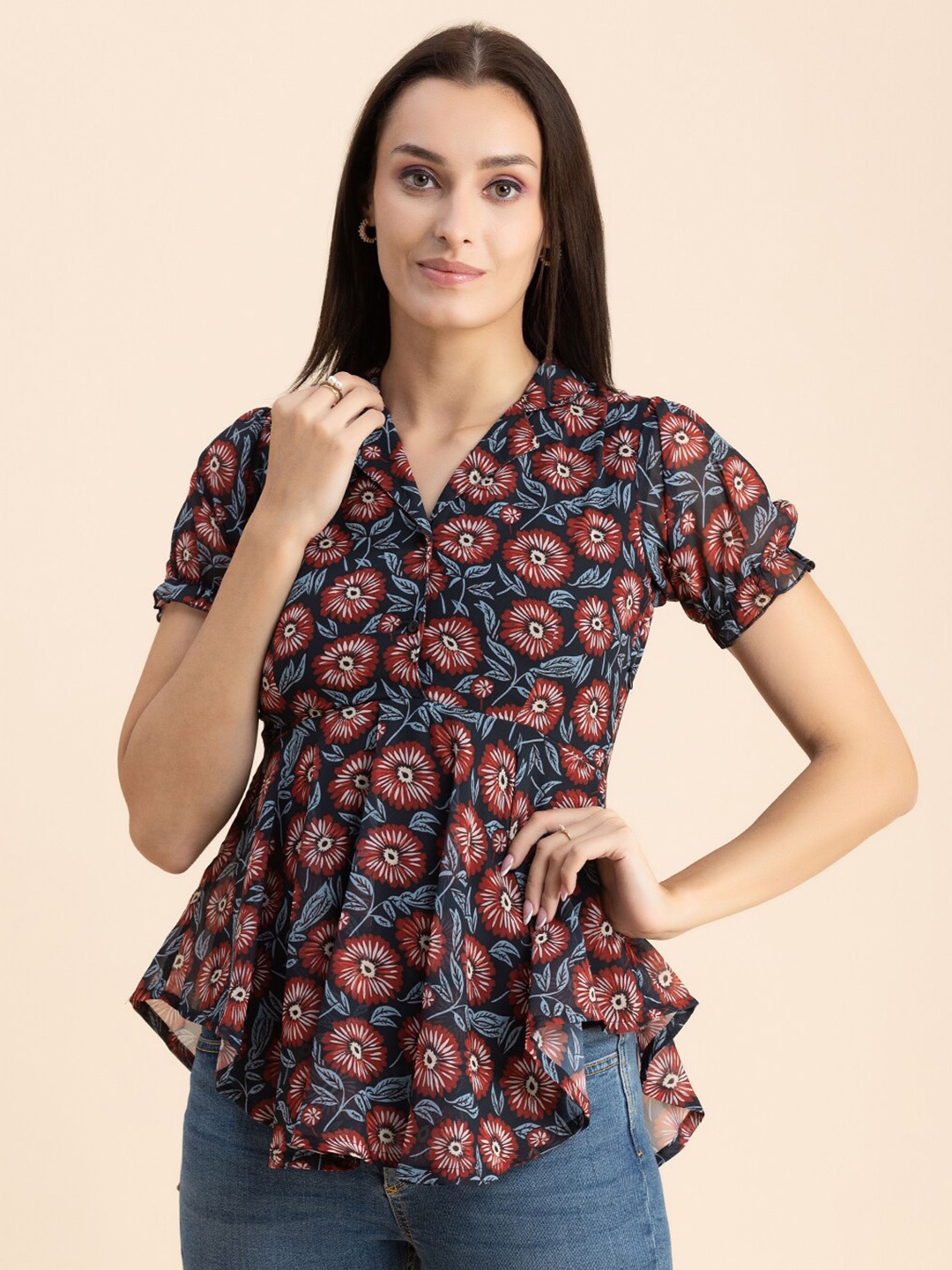 

Moomaya Floral Printed Puff Sleeves Asymmetric A-Line Top, Blue
