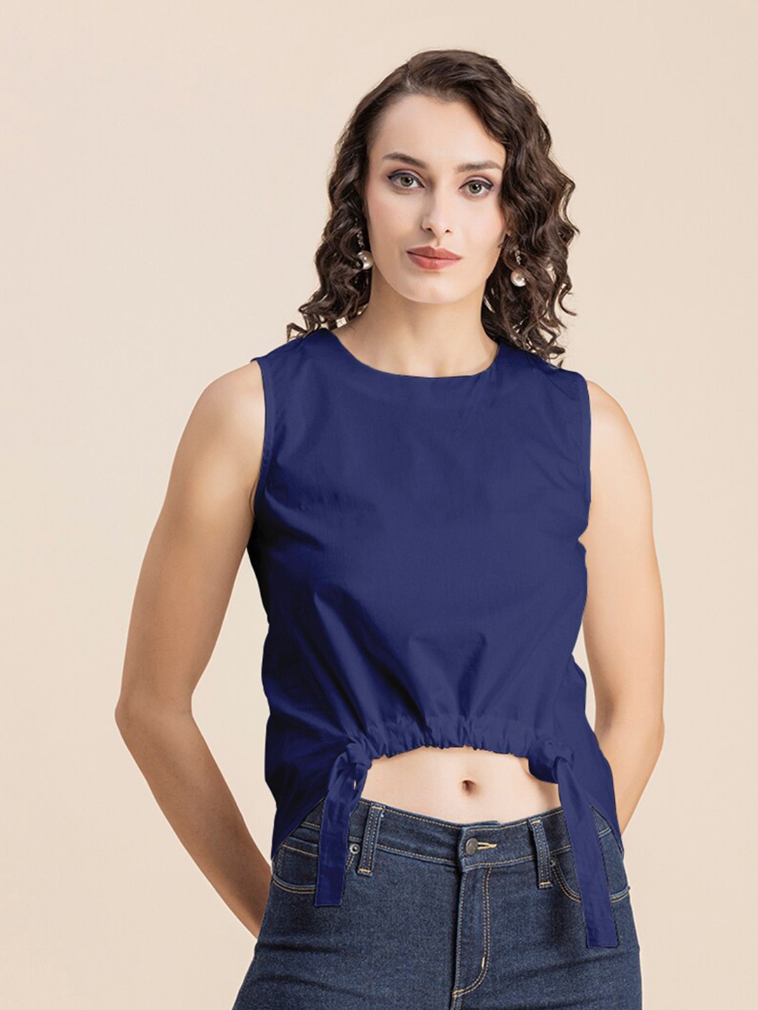 

Moomaya Sleeveless Cotton Crop Top, Blue