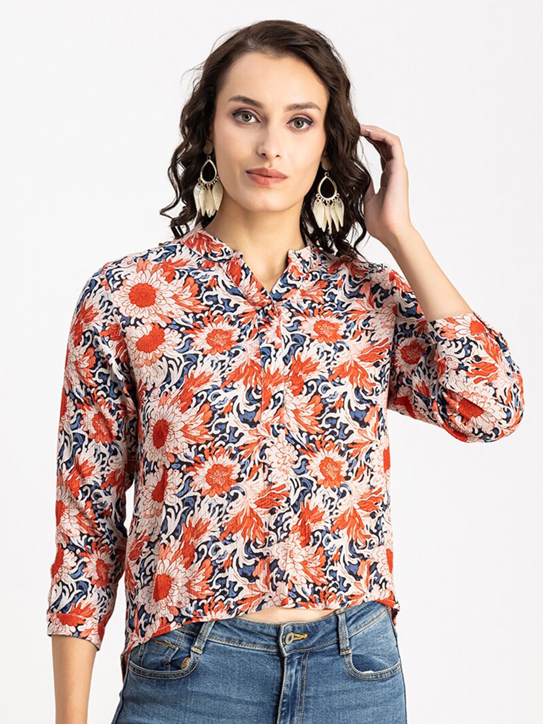 

Moomaya Floral Printed Mandarin Collar Crepe Top, Red