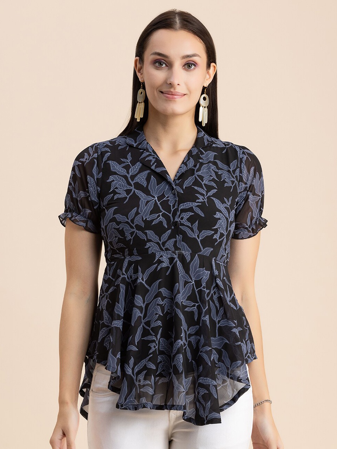 

Moomaya Floral Printed Cuban Collar Puff Sleeves Georgette Top, Black