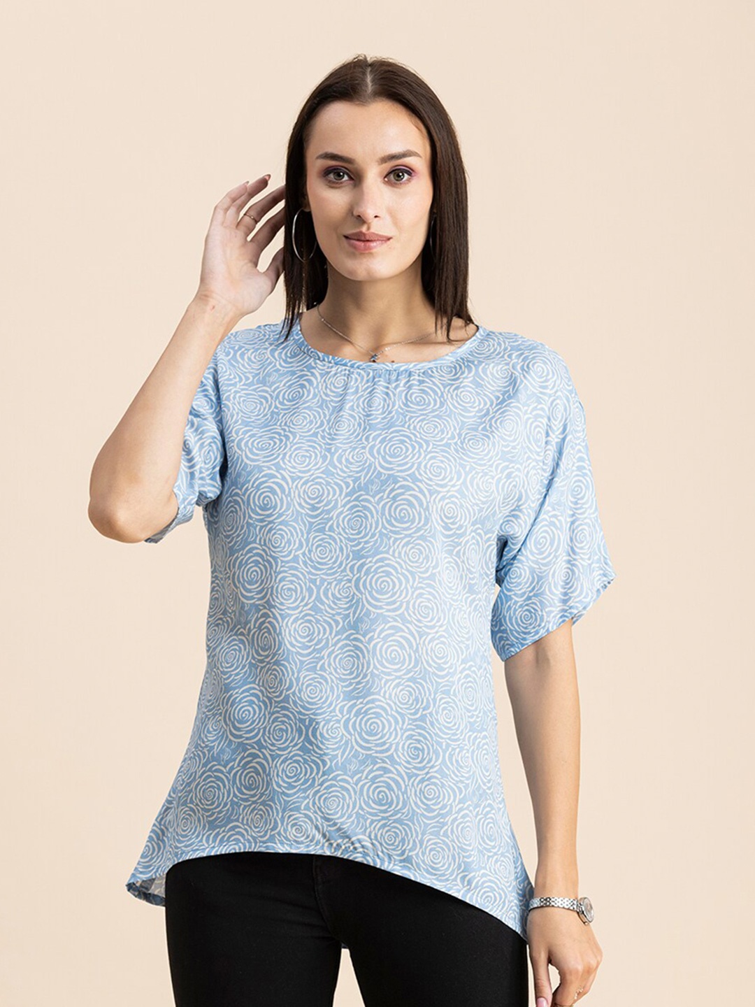 

Moomaya Floral Printed Extended Sleeve Top, Blue