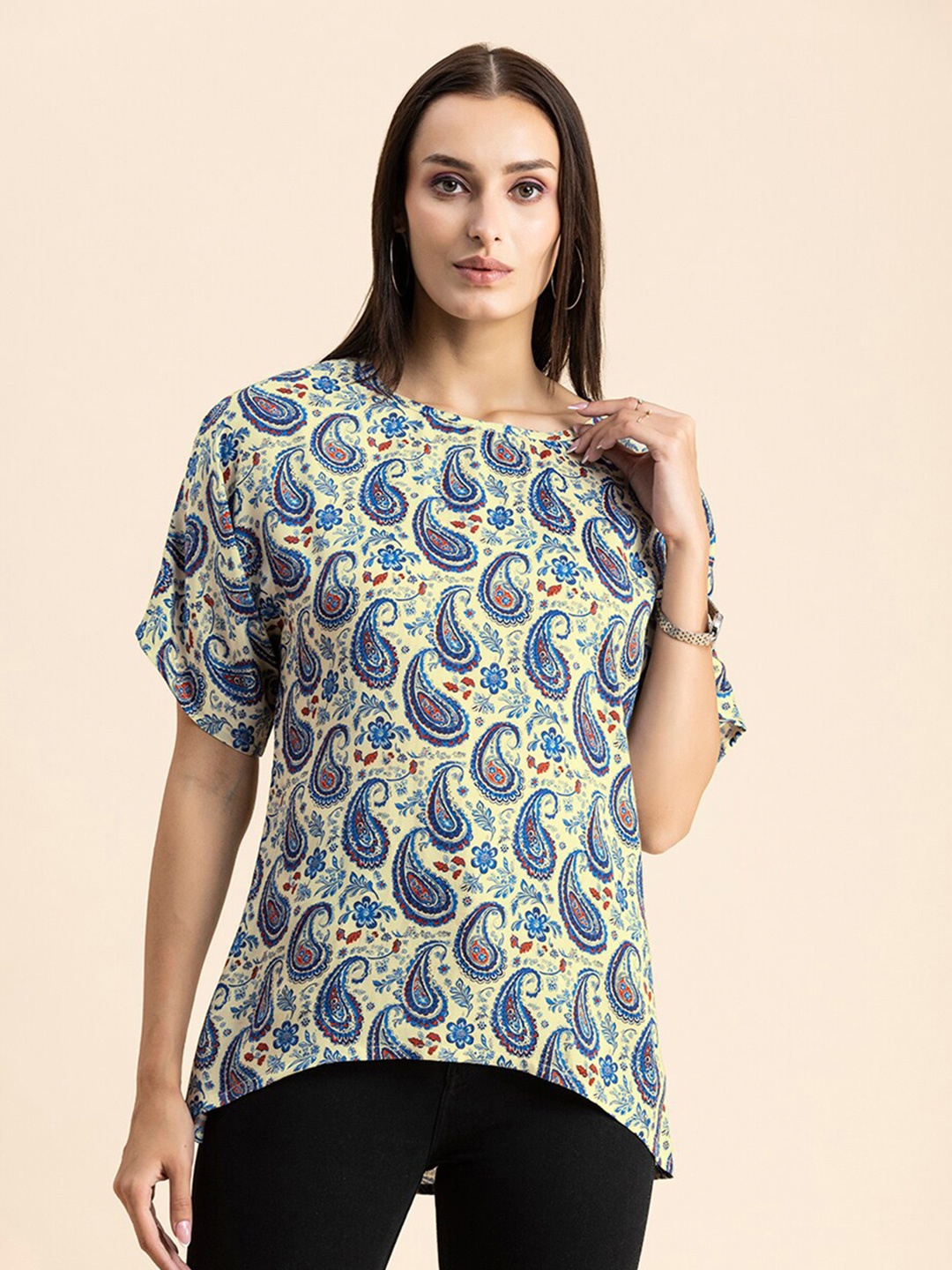 

Moomaya Ethnic Motifs Printed Extended Sleeves High-Low Top, Cream