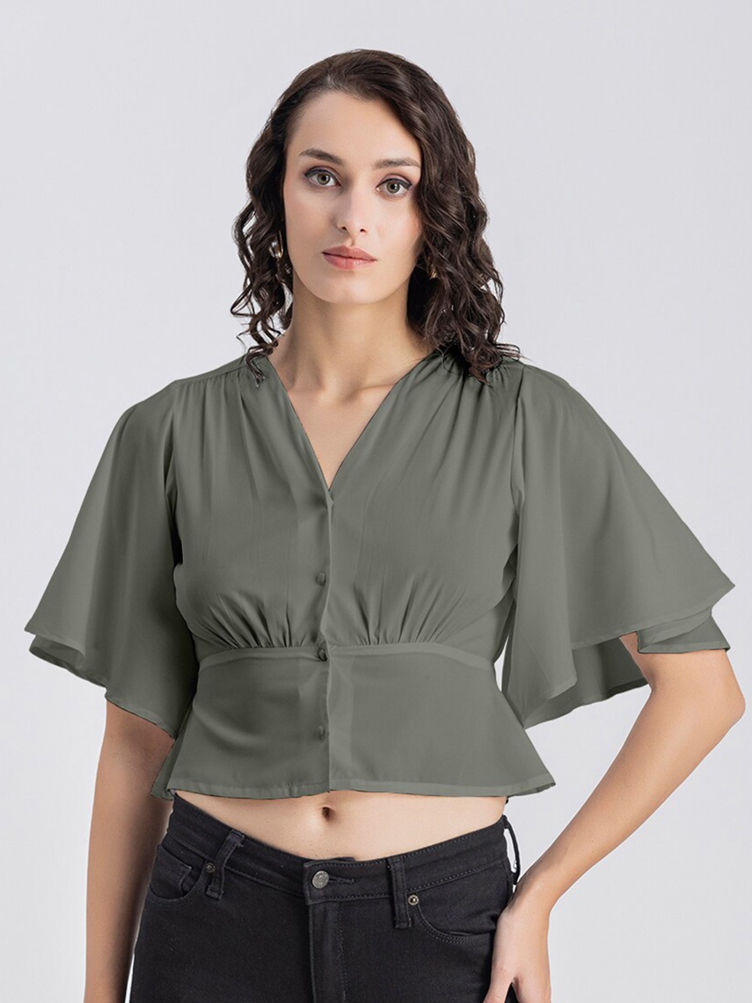 

Moomaya V-Neck Flared Sleeve Crepe Cinched Waist Crop Top, Grey