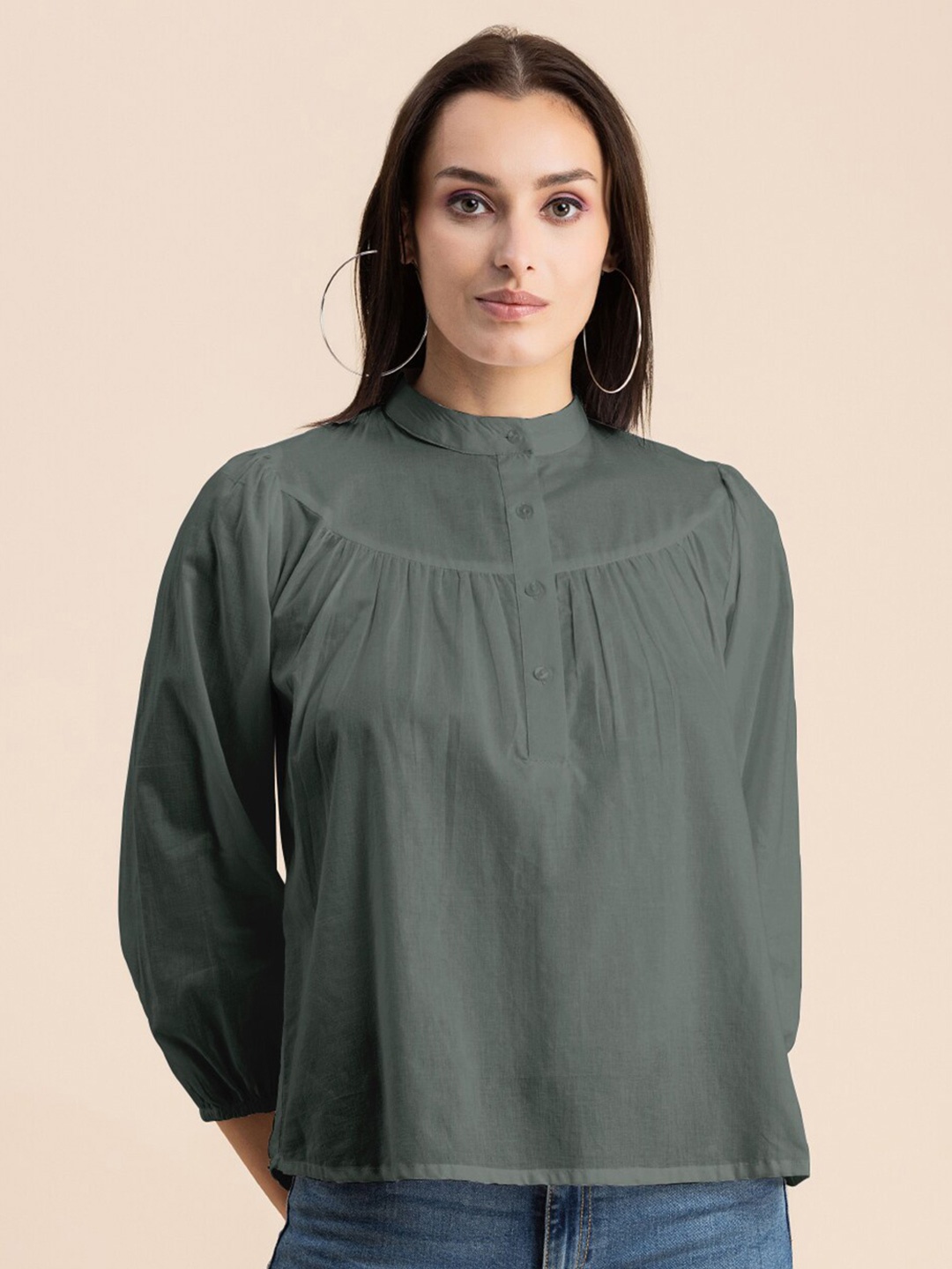 

Moomaya Mandarin Collar Cotton Top, Grey