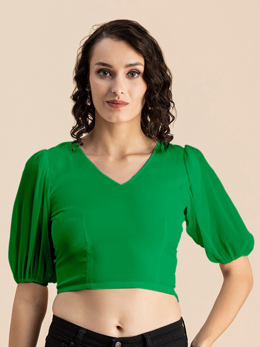 

Moomaya V-Neck Puff Sleeves Crop Top, Green