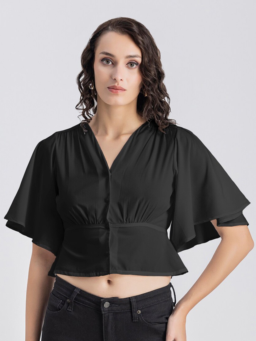 

Moomaya Flared Sleeves Cinched Waist Crop Top, Black