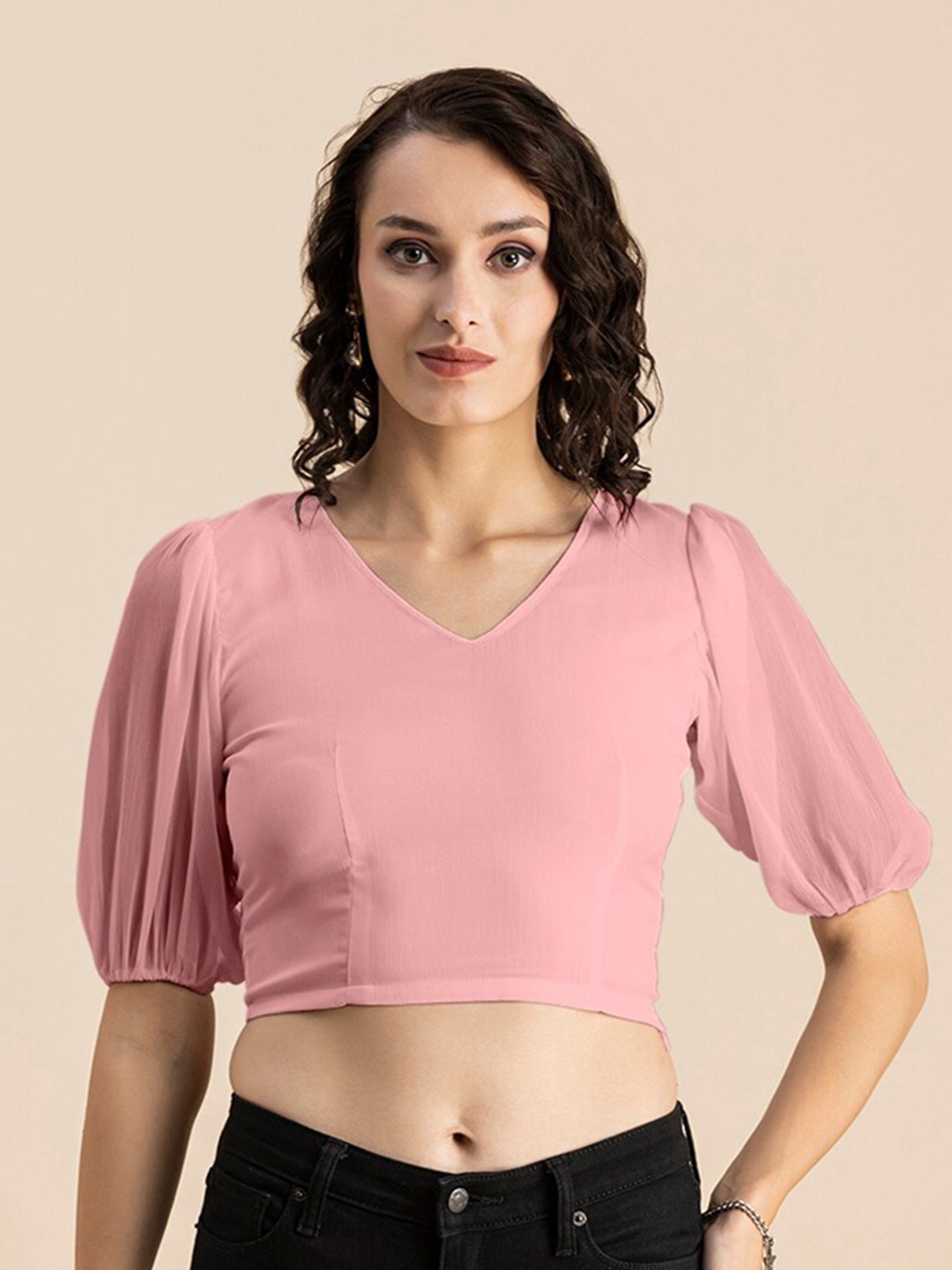 

Moomaya V-Neck Puff Sleeves Chiffon Crop Top, Pink