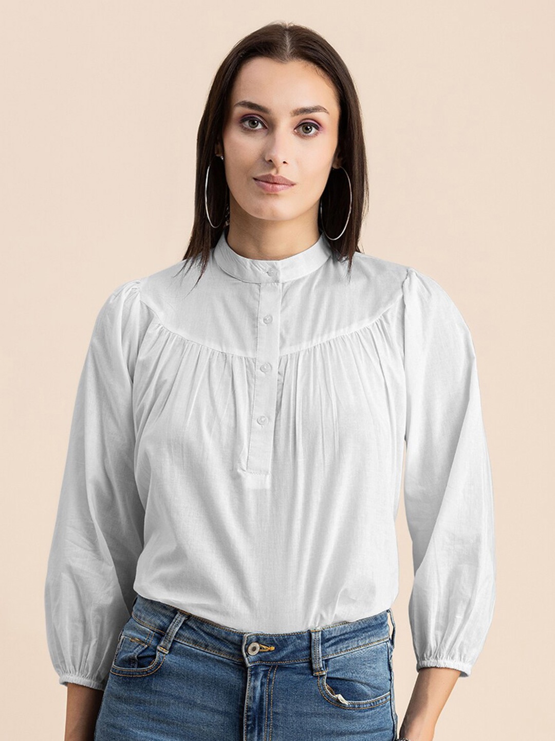 

Moomaya Mandarin Collar Cotton Regular Top, White