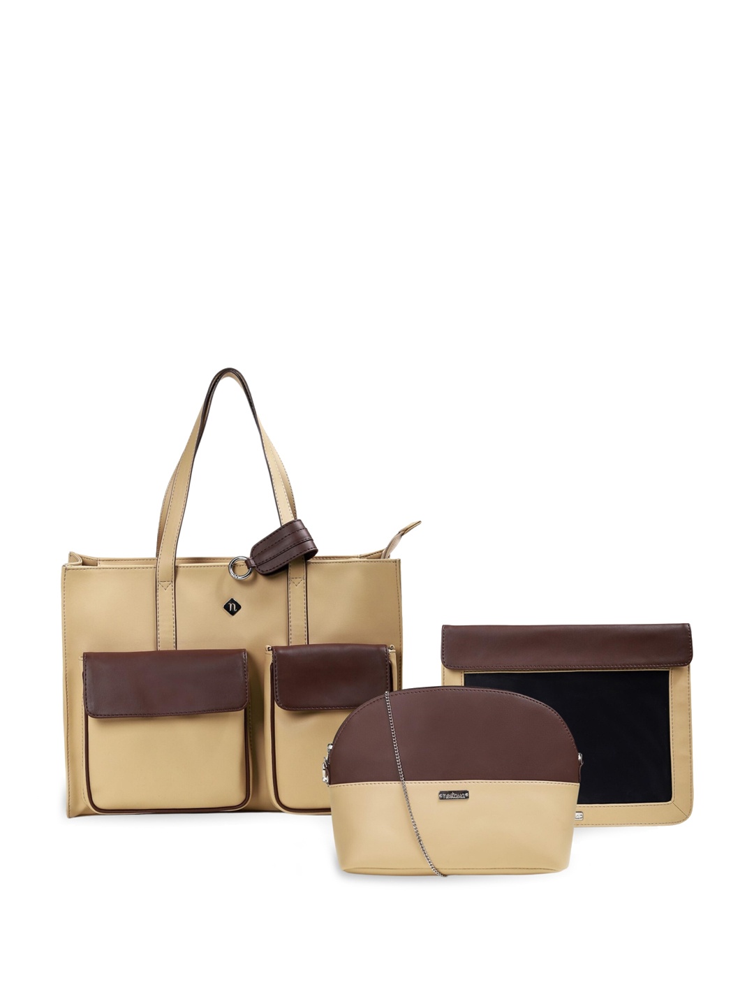 

Nestasia Set Of 3 Colourblocked Structured Hand Bags, Beige