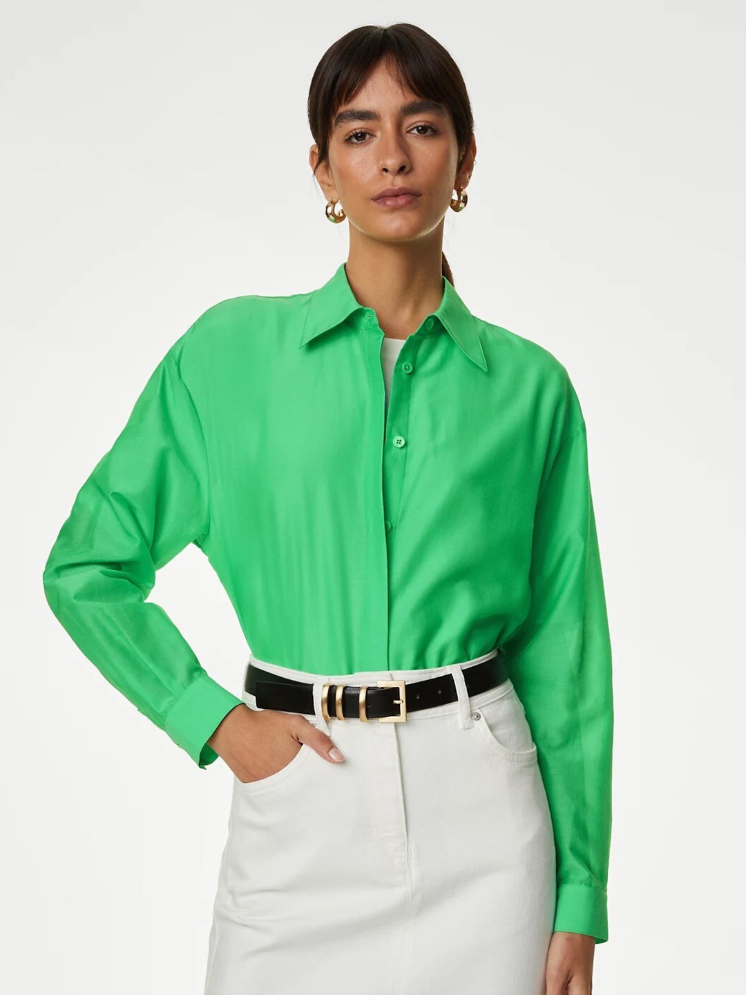 

Marks & Spencer Opaque Cotton Silk Casual Shirt, Green