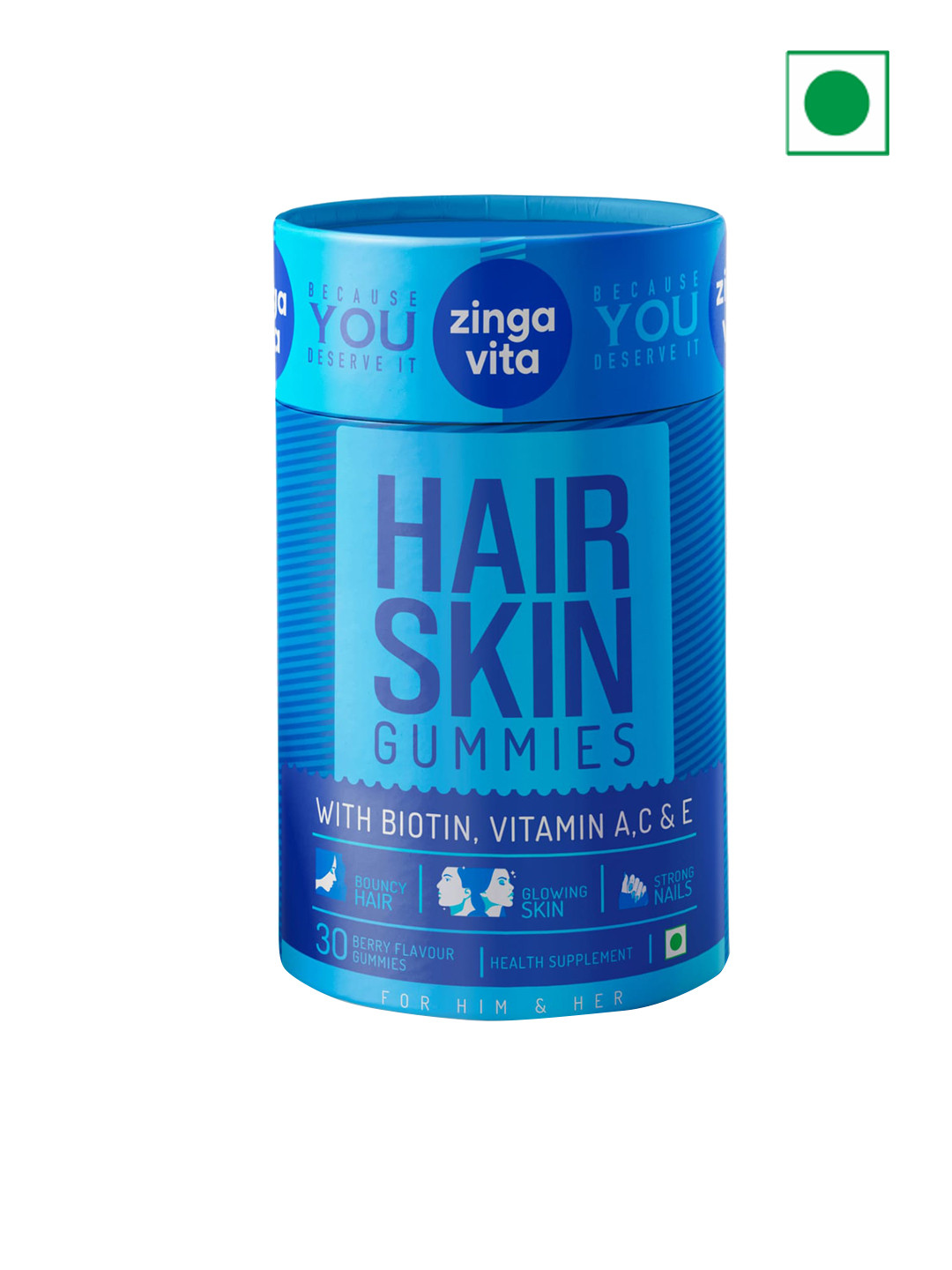 

Zingavita 30 Hair & Skin Gummies With Biotin Vitamin A C & E - Berry, Blue