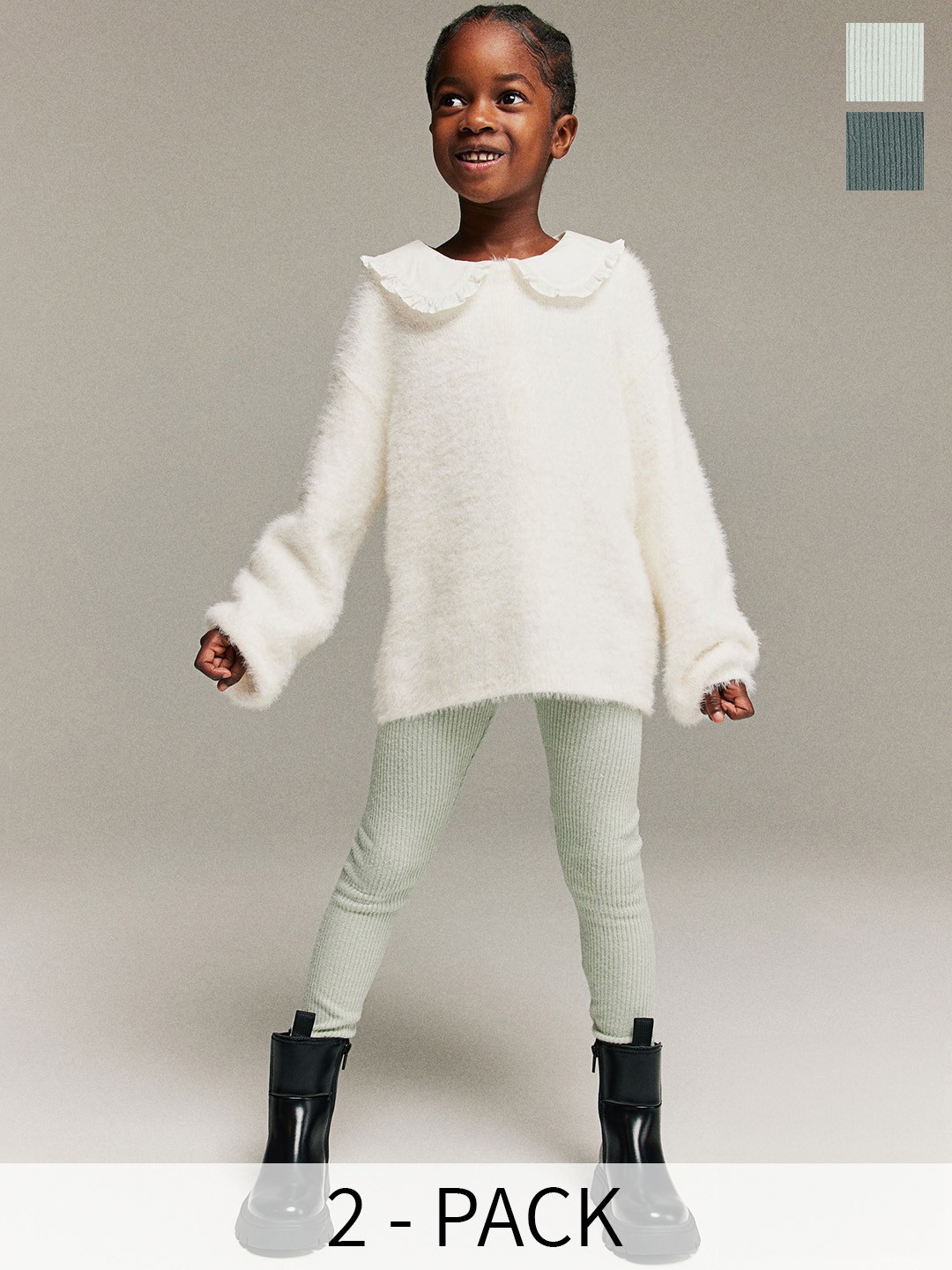 

H&M Girls 2-Pack Rib-Knit Leggings, Green