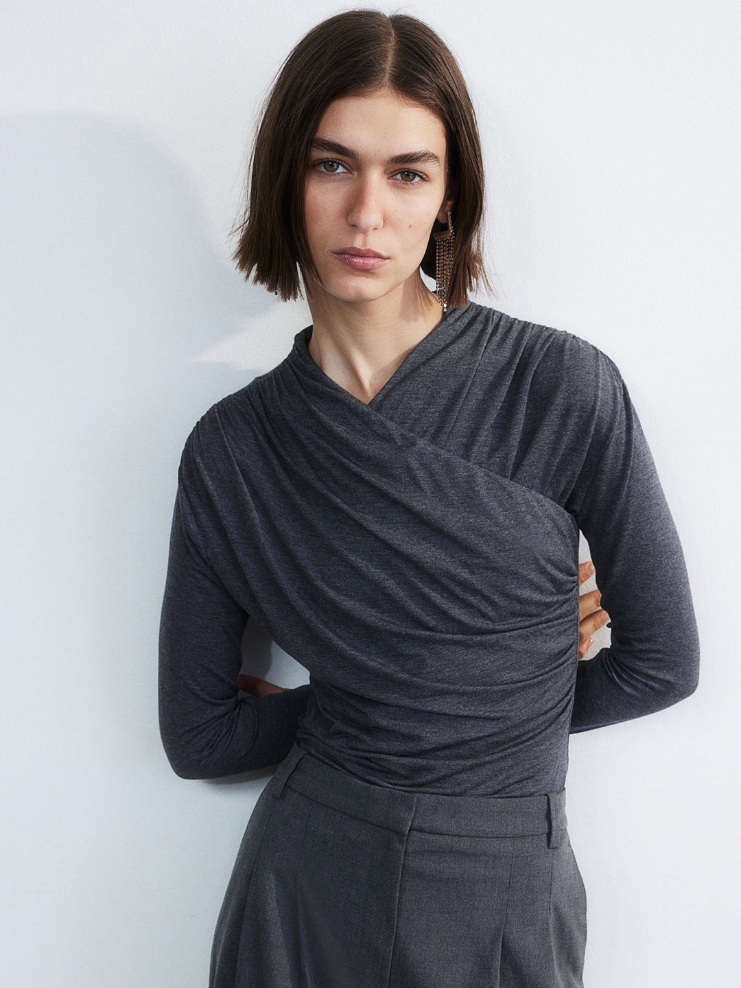 

H&M Women Jersey Wrap Top, Grey
