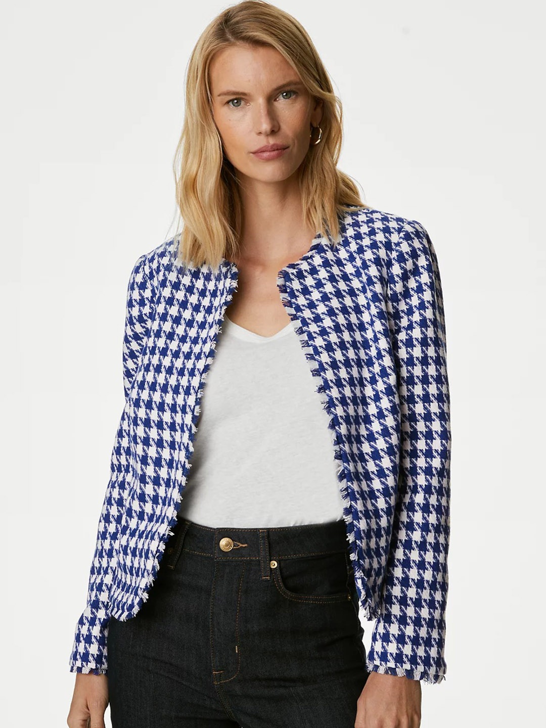 

Marks & Spencer Geometric Self Design Open Front Jacket, Blue