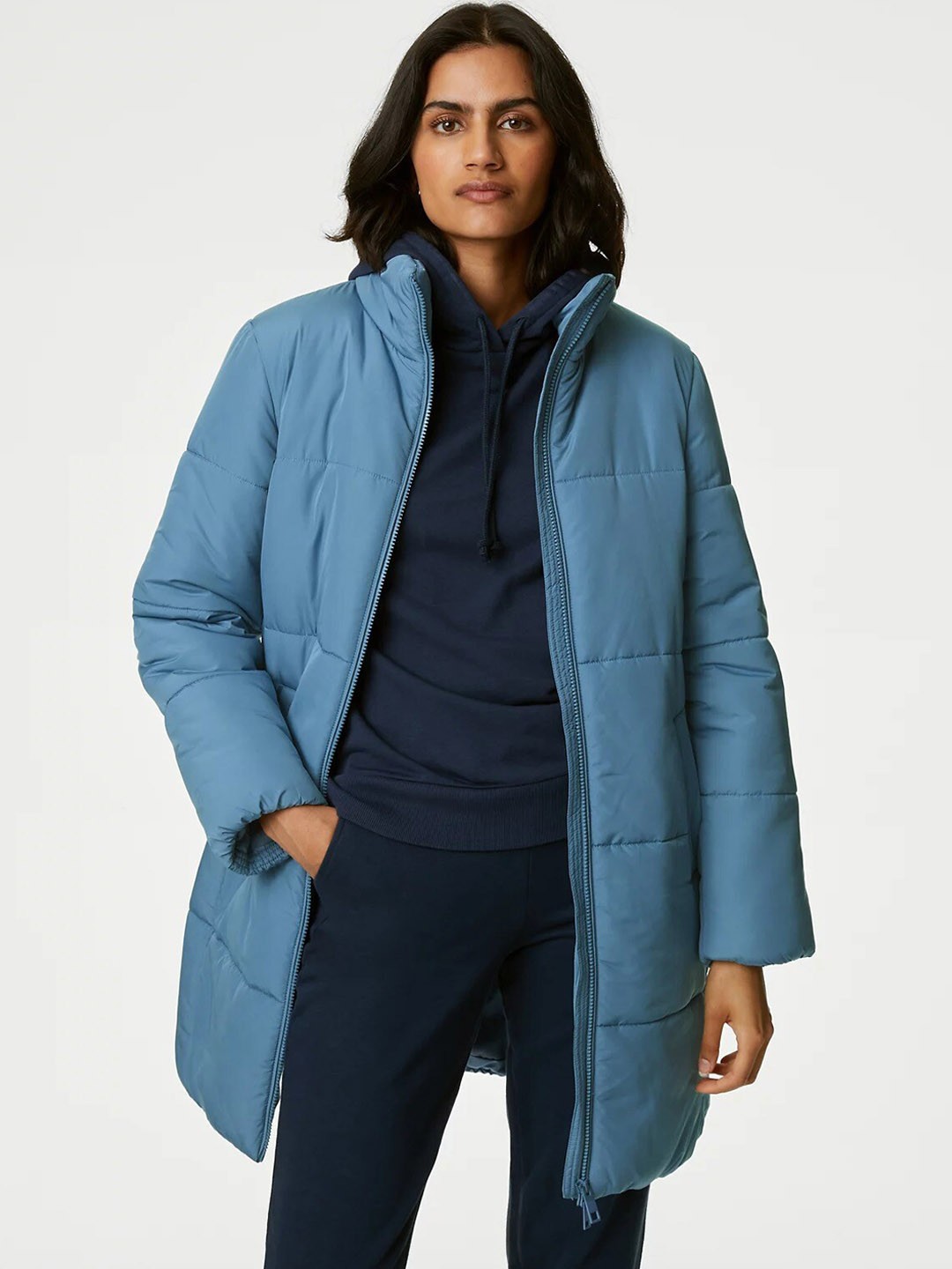 

Marks & Spencer Mock Collar Longline Puffer Jacket, Blue