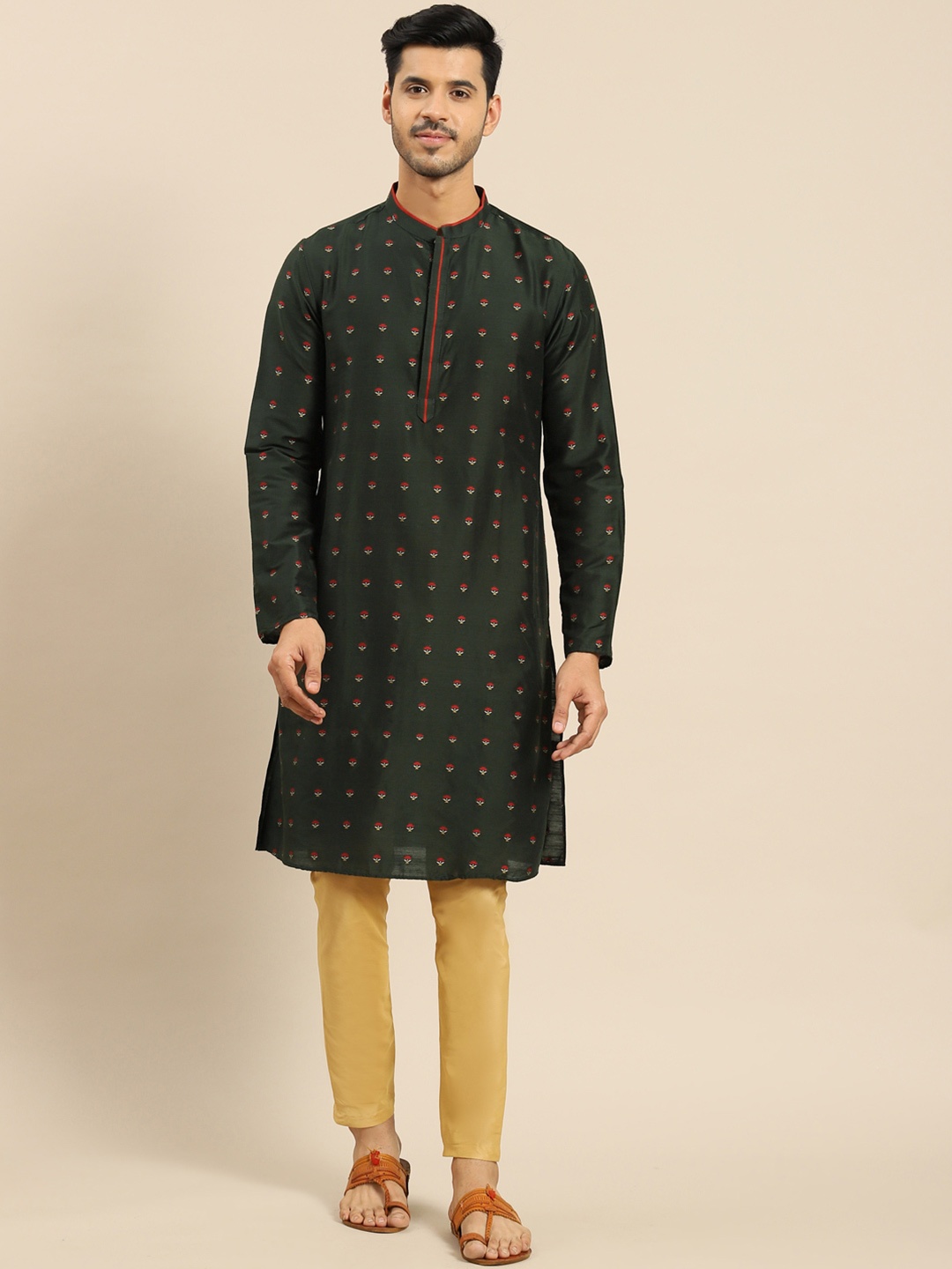 

Anouk Ethnic Motifs Printed Mandarin Collar Straight Kurta with Trousers, Green
