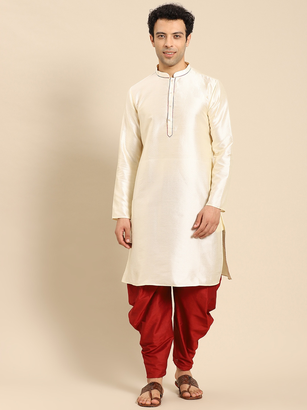 

Anouk Woven Design Mandarin Collar Regular Kurta with Dhoti Pants, White
