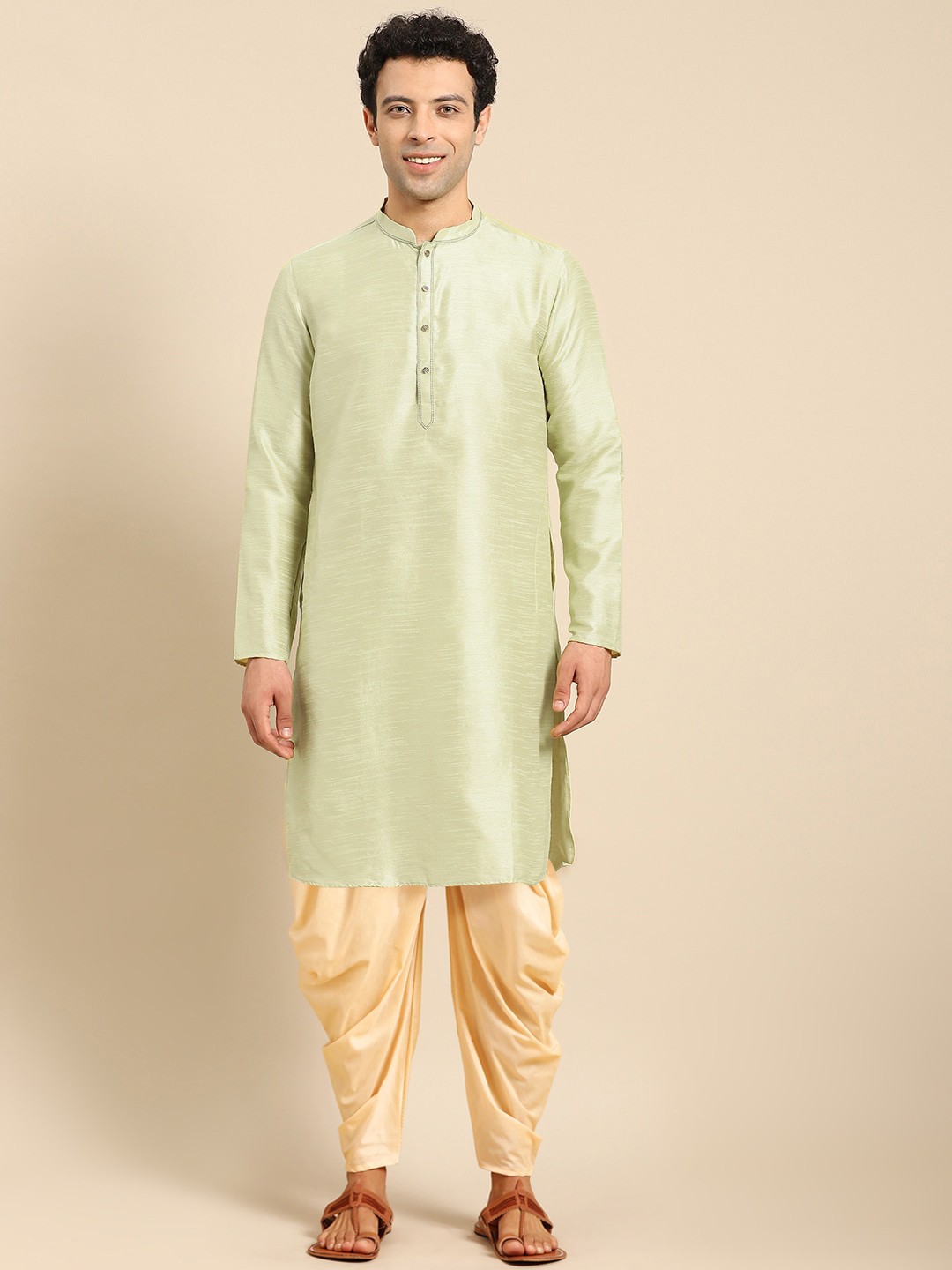 

Anouk Woven Design Mandarin Collar Regular Kurta with Dhoti Pants, Green