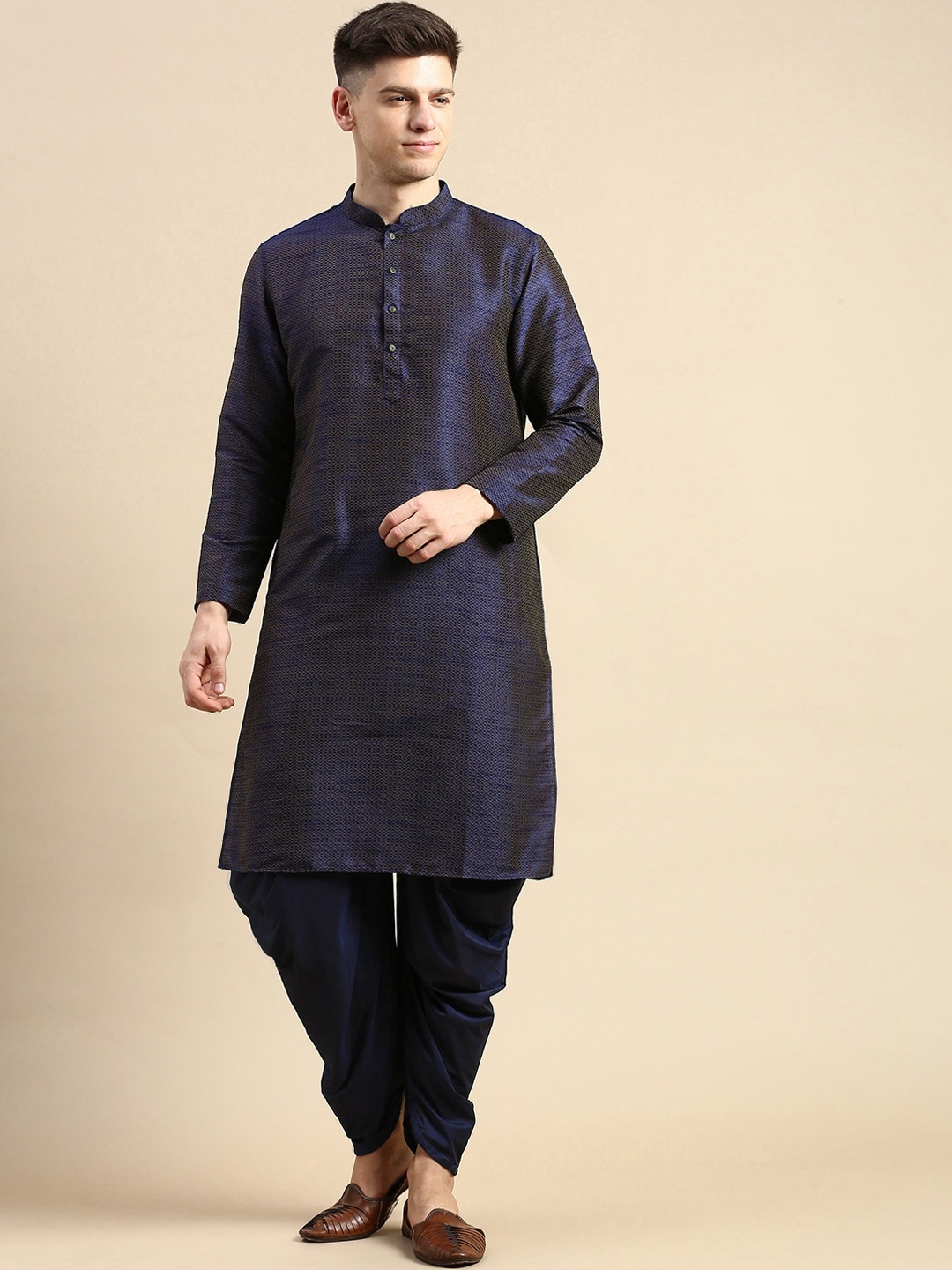 

Anouk Woven Design Mandarin Collar Regular Kurta with Dhoti Pants, Navy blue